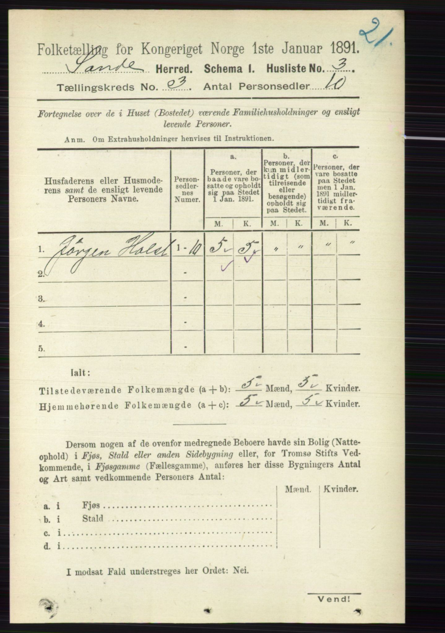 RA, 1891 census for 0713 Sande, 1891, p. 862