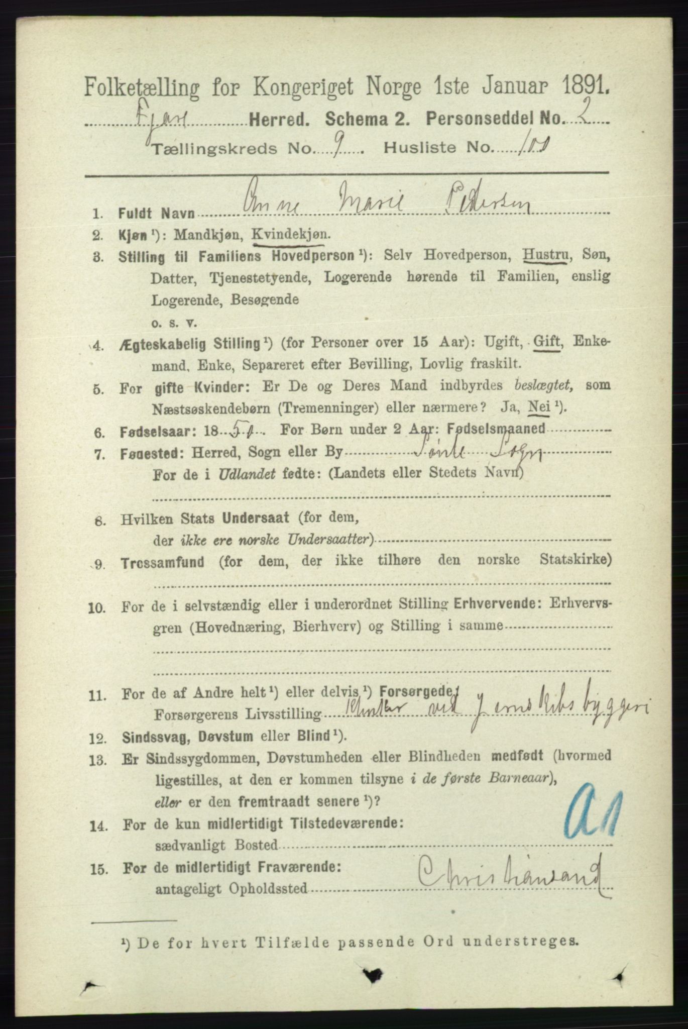 RA, 1891 census for 0923 Fjære, 1891, p. 4907