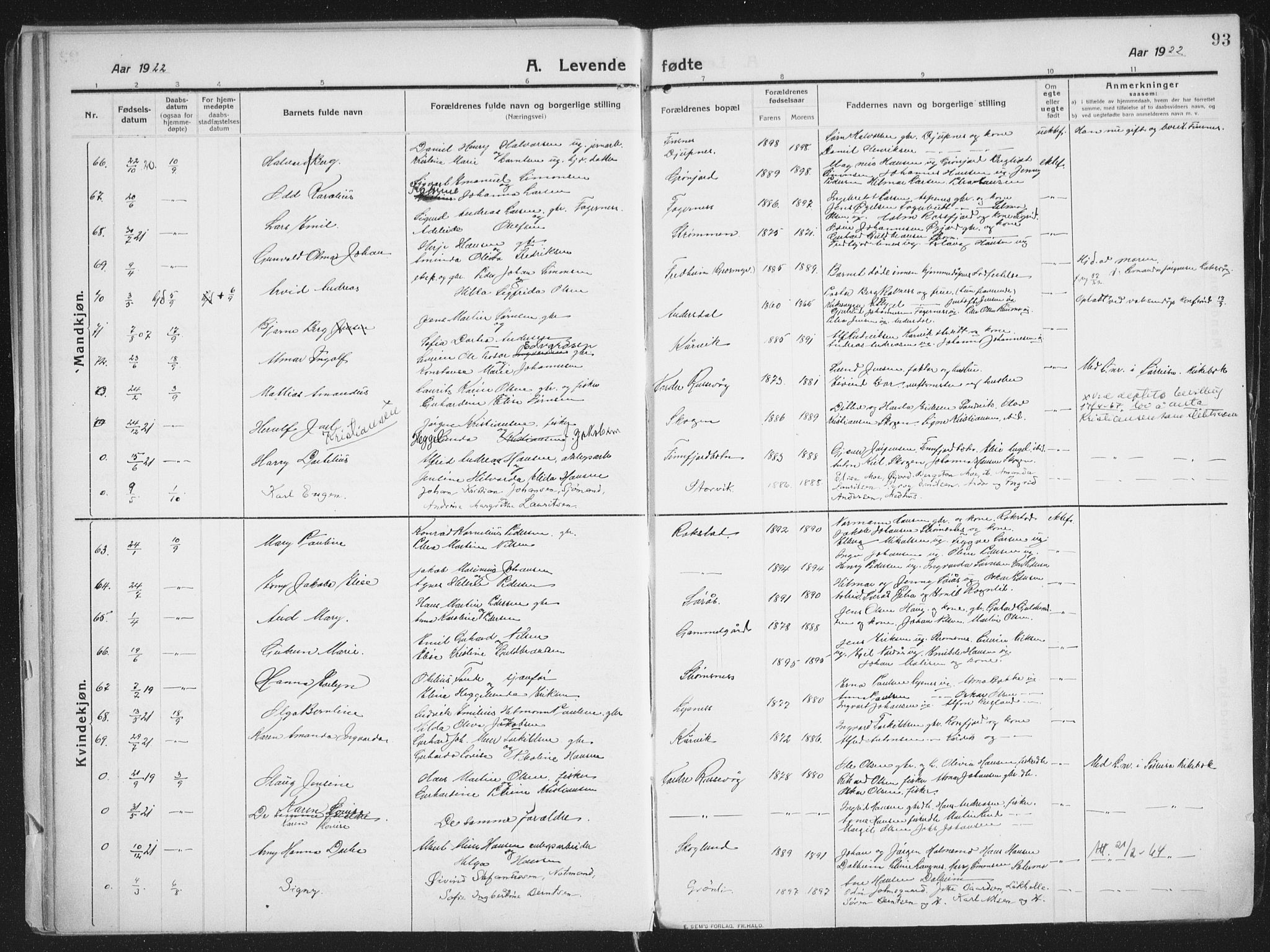 Lenvik sokneprestembete, AV/SATØ-S-1310/H/Ha/Haa/L0016kirke: Parish register (official) no. 16, 1910-1924, p. 93