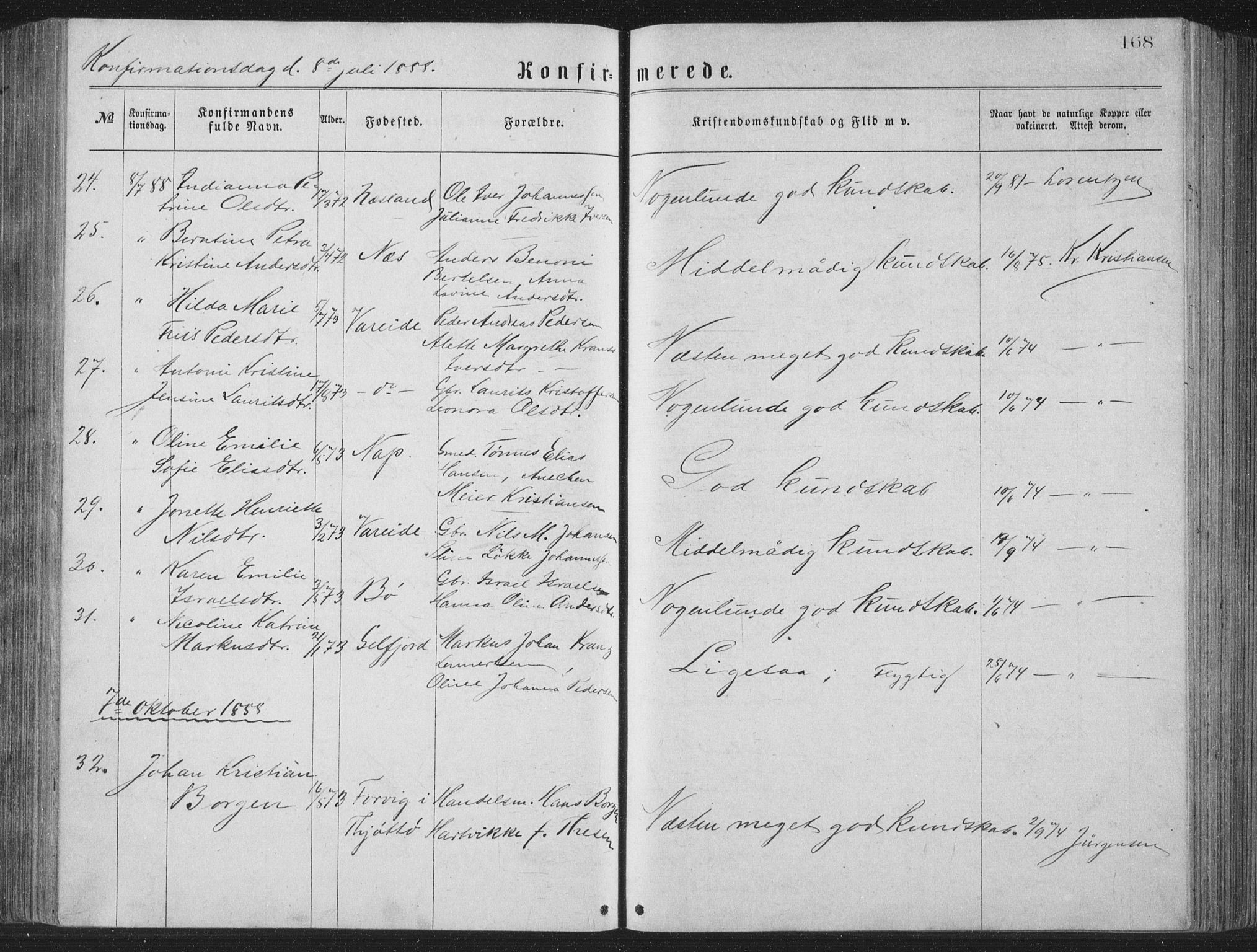 Ministerialprotokoller, klokkerbøker og fødselsregistre - Nordland, SAT/A-1459/885/L1213: Parish register (copy) no. 885C02, 1874-1892, p. 168
