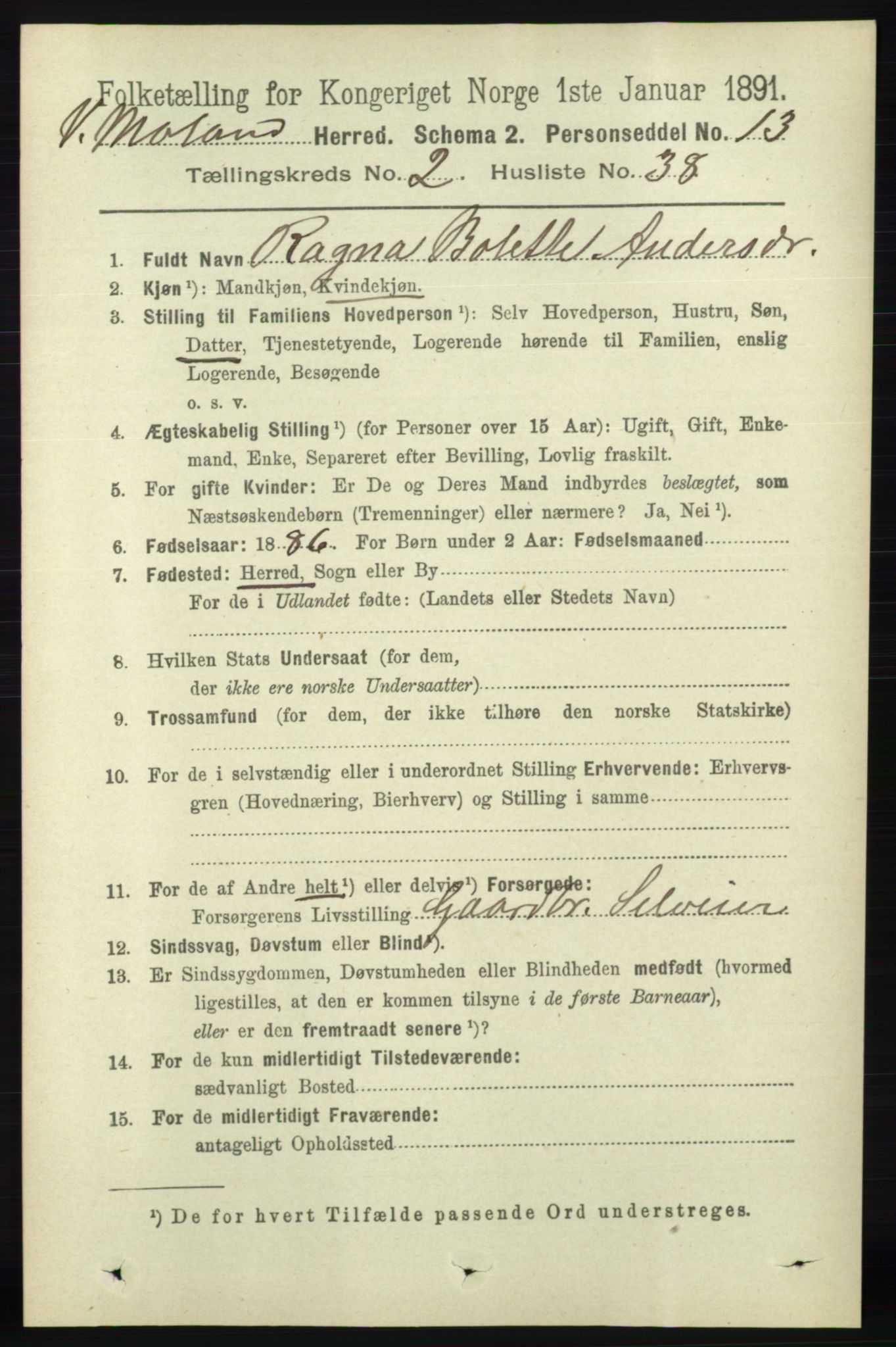 RA, 1891 census for 0926 Vestre Moland, 1891, p. 820