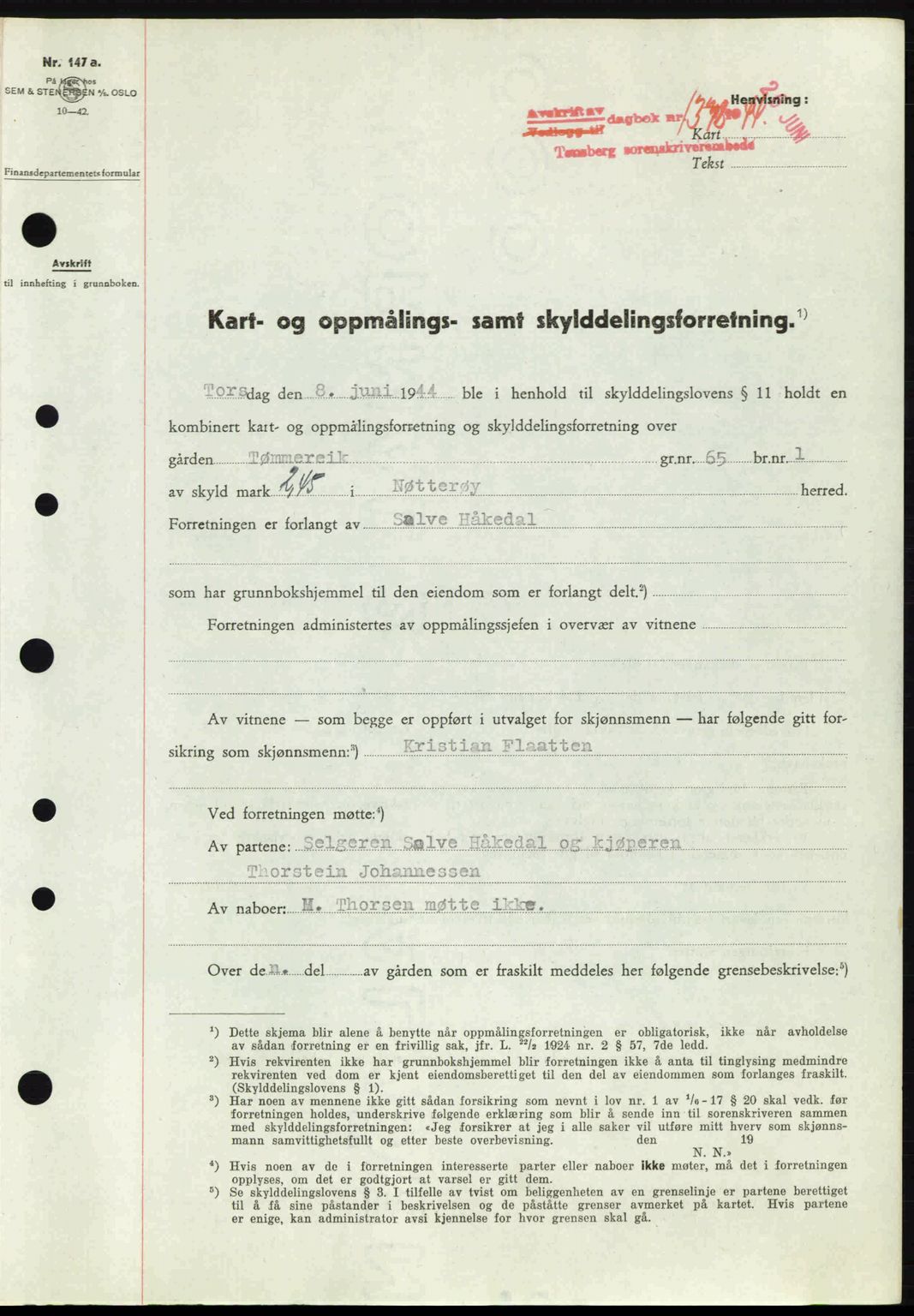 Tønsberg sorenskriveri, AV/SAKO-A-130/G/Ga/Gaa/L0015: Mortgage book no. A15, 1944-1944, Diary no: : 1378/1944