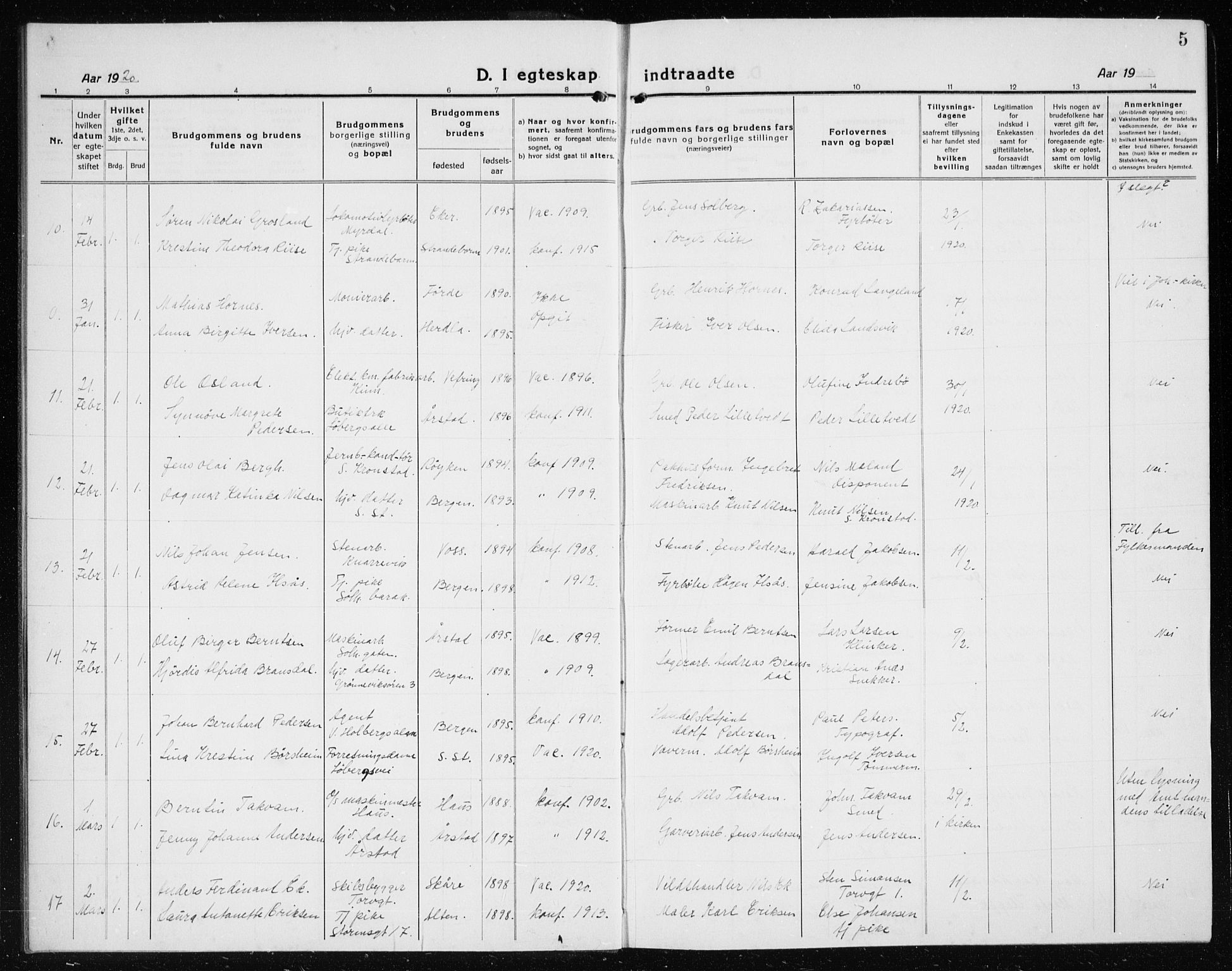 Årstad Sokneprestembete, AV/SAB-A-79301/H/Hab/L0020: Parish register (copy) no. C  2, 1920-1935, p. 5