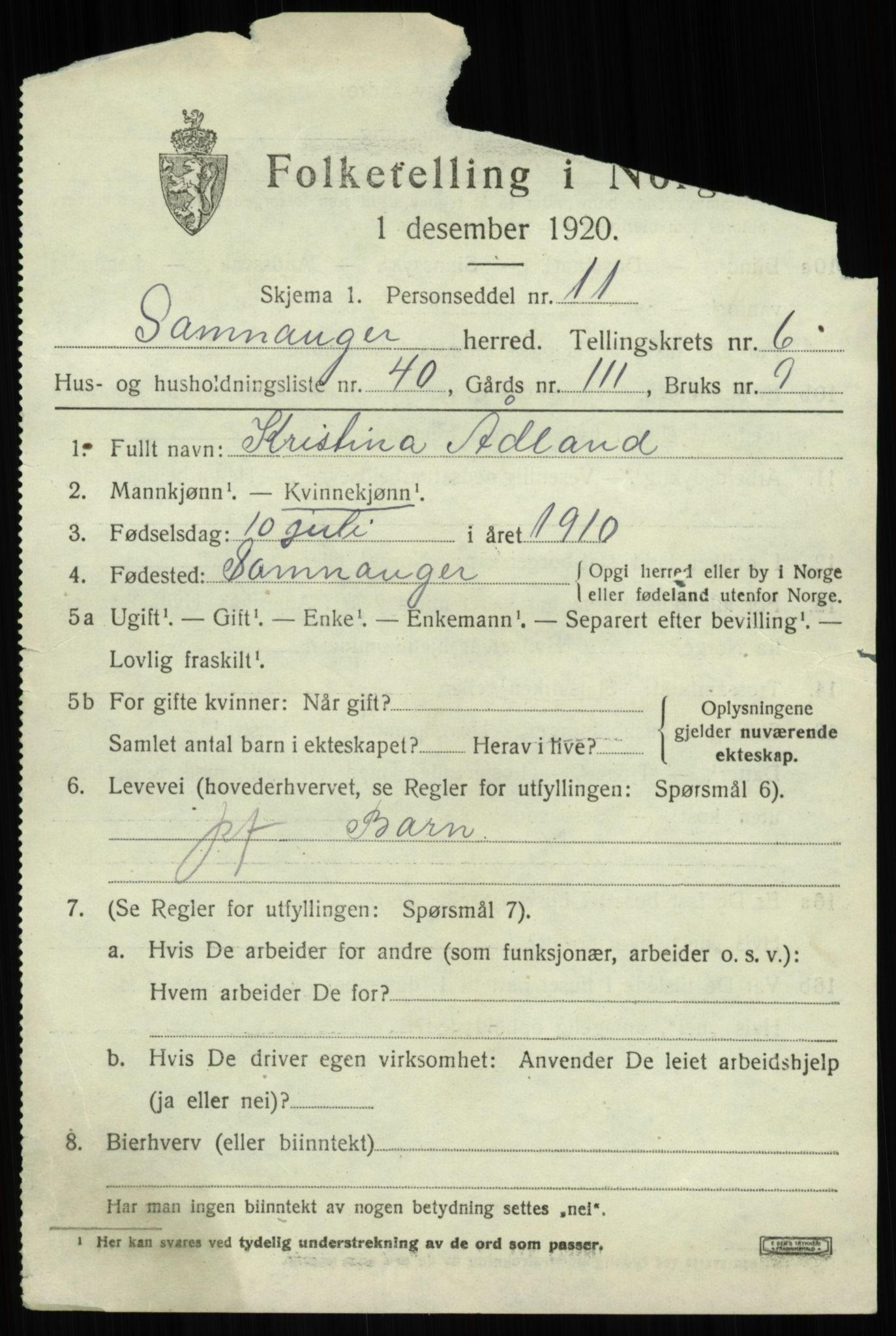 SAB, 1920 census for Samnanger, 1920, p. 2925