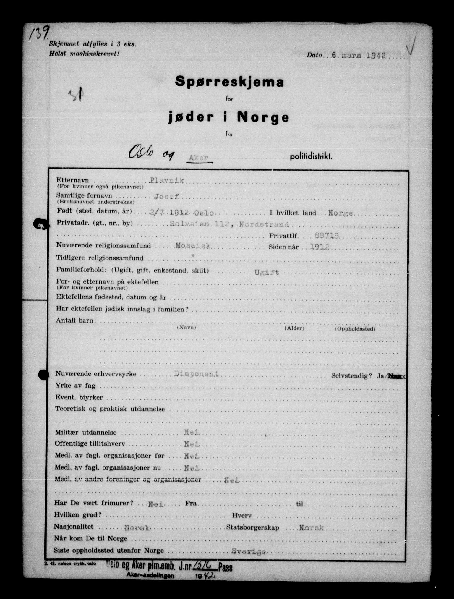 Statspolitiet - Hovedkontoret / Osloavdelingen, AV/RA-S-1329/G/Ga/L0012: Spørreskjema for jøder i Norge. 1: Aker 114- 207 (Levinson-Wozak) og 656 (Salomon). 2: Arendal-Hordaland. 3: Horten-Romerike.  , 1942, p. 78