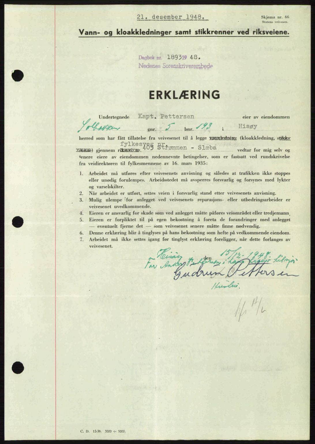 Nedenes sorenskriveri, AV/SAK-1221-0006/G/Gb/Gba/L0060: Mortgage book no. A12, 1948-1949, Diary no: : 1893/1948