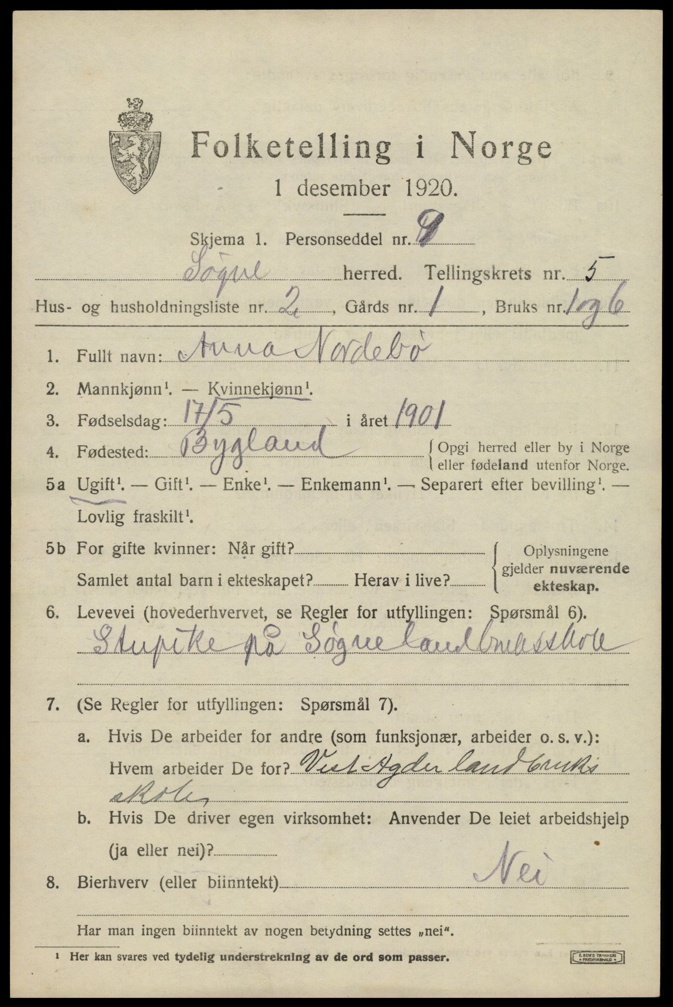 SAK, 1920 census for Søgne, 1920, p. 2197