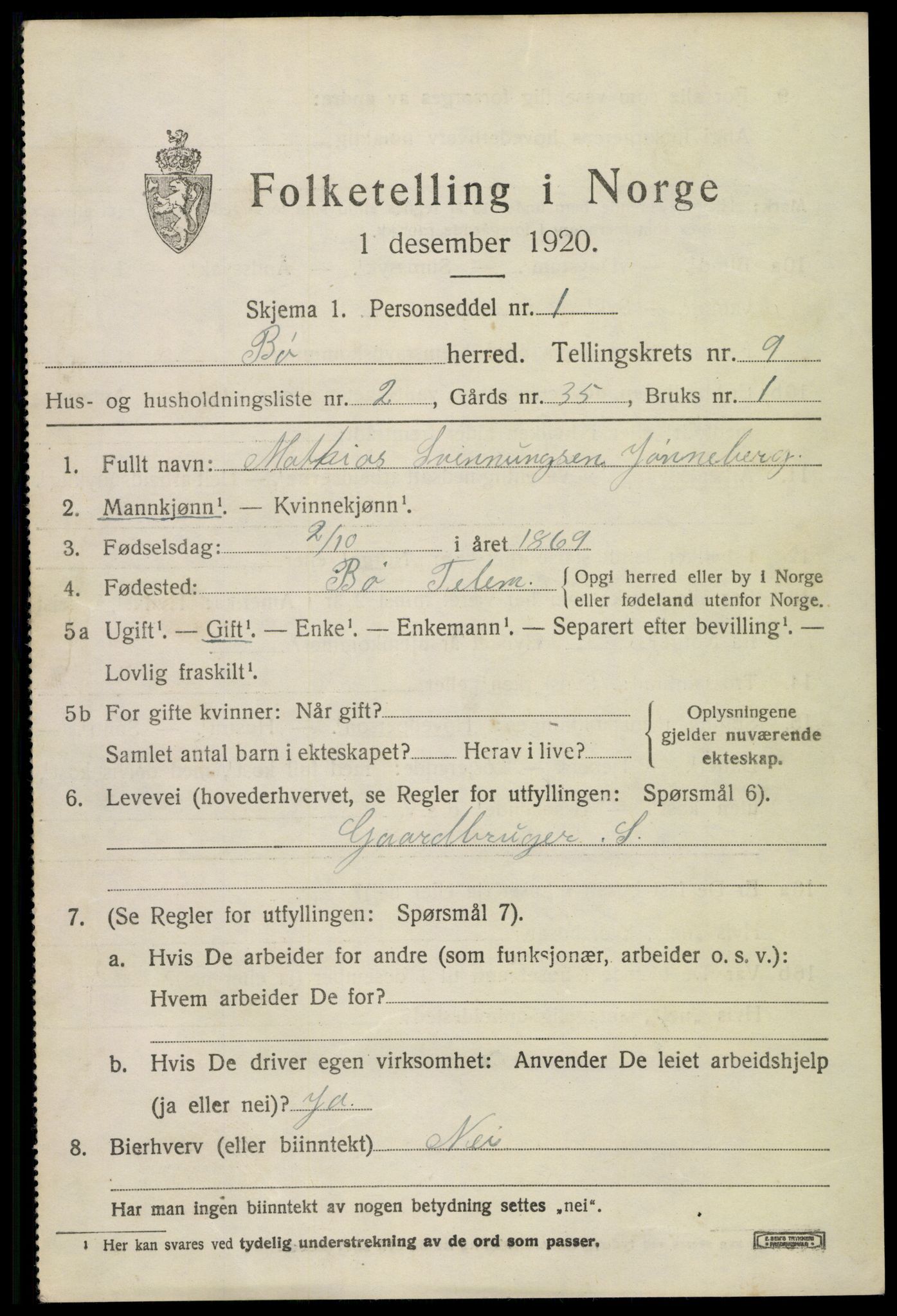 SAKO, 1920 census for Bø (Telemark), 1920, p. 6400