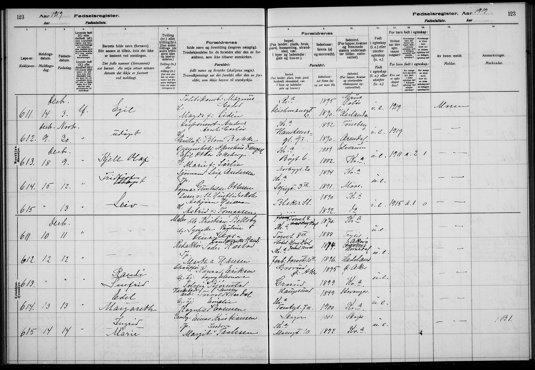 Rikshospitalet prestekontor Kirkebøker, AV/SAO-A-10309b/J/L0004: Birth register no. 4, 1919-1919, p. 123