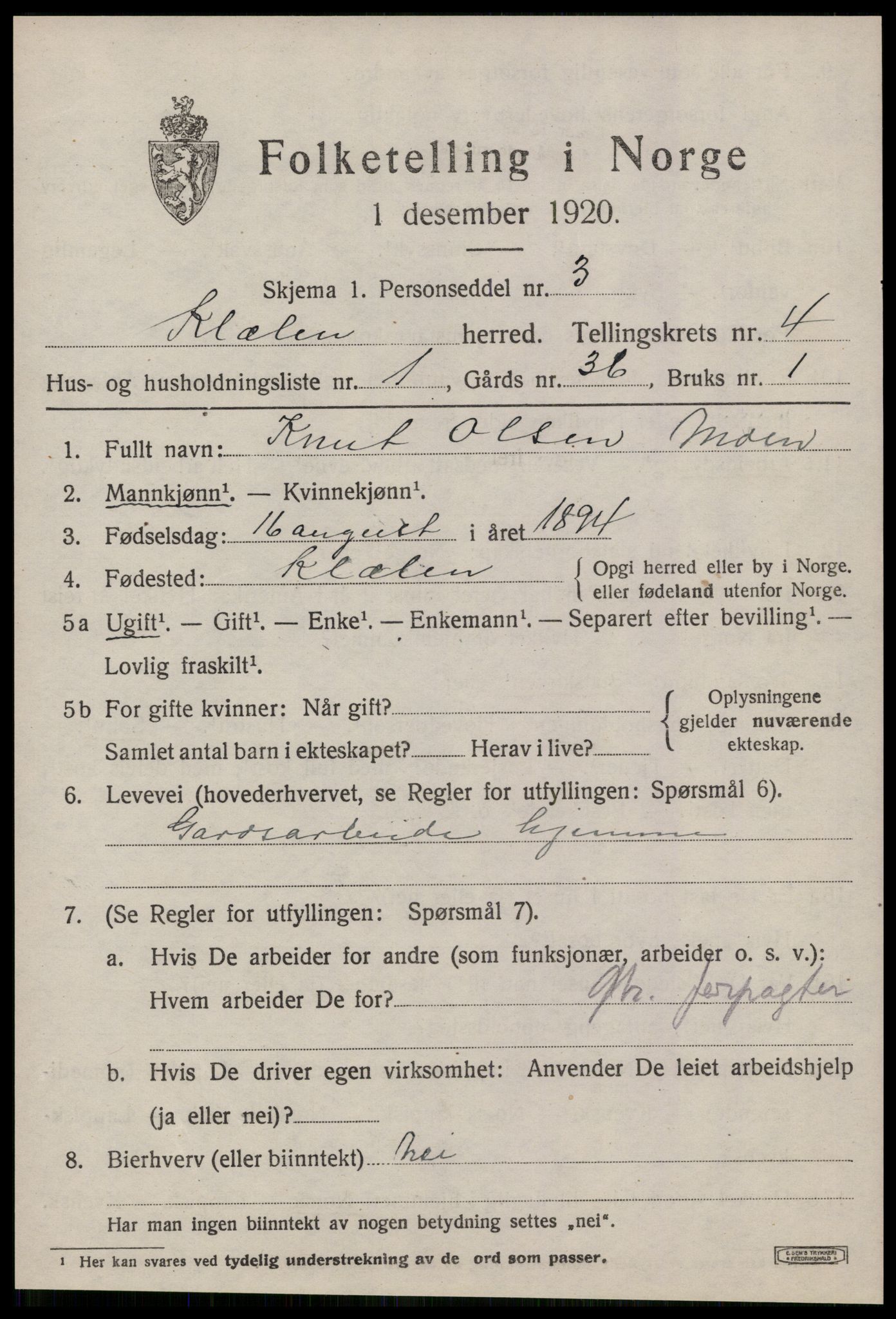 SAT, 1920 census for Klæbu, 1920, p. 2074