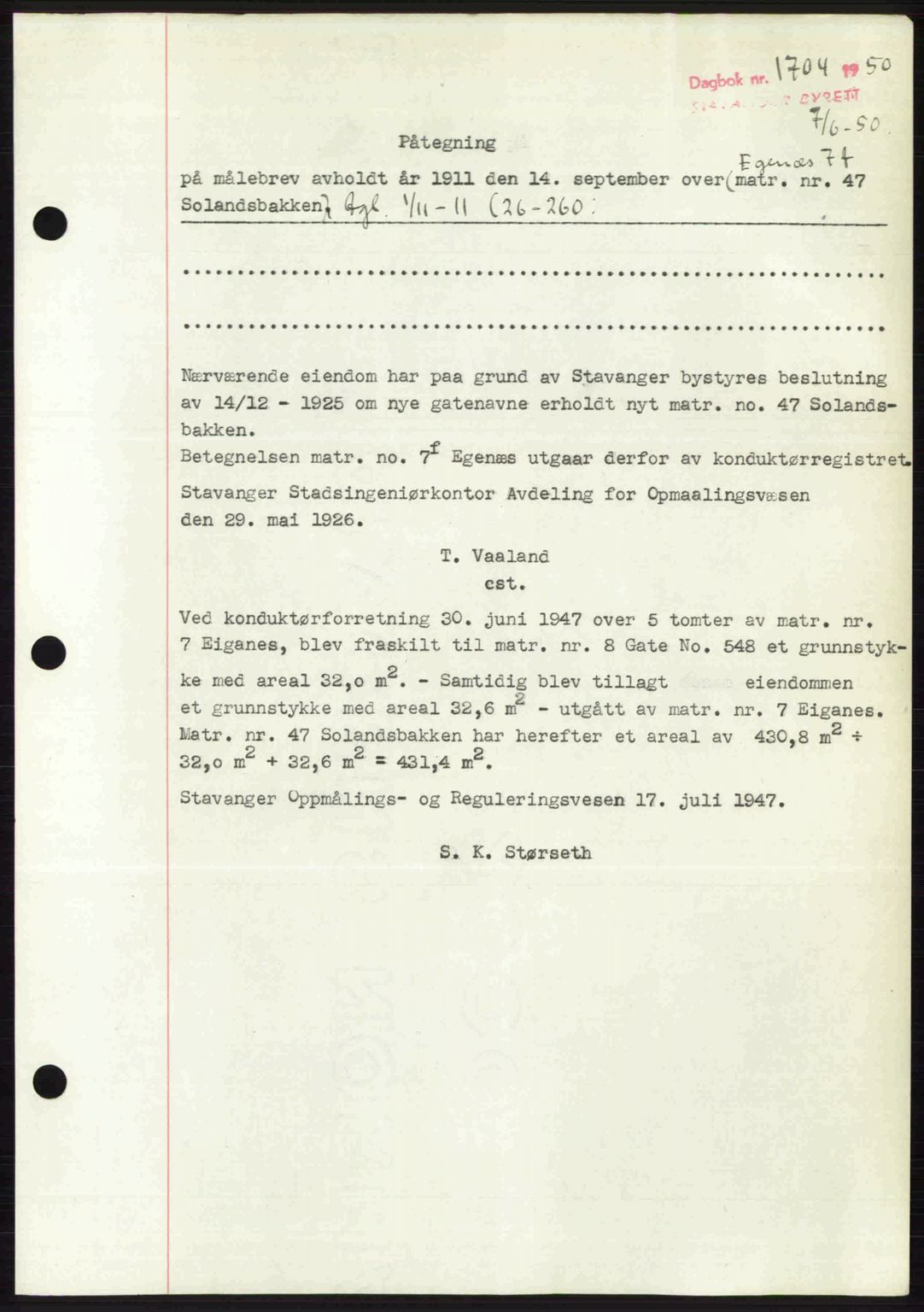 Stavanger byrett, SAST/A-100455/002/G/Gb/L0024: Mortgage book no. A13, 1949-1950, Diary no: : 1704/1950