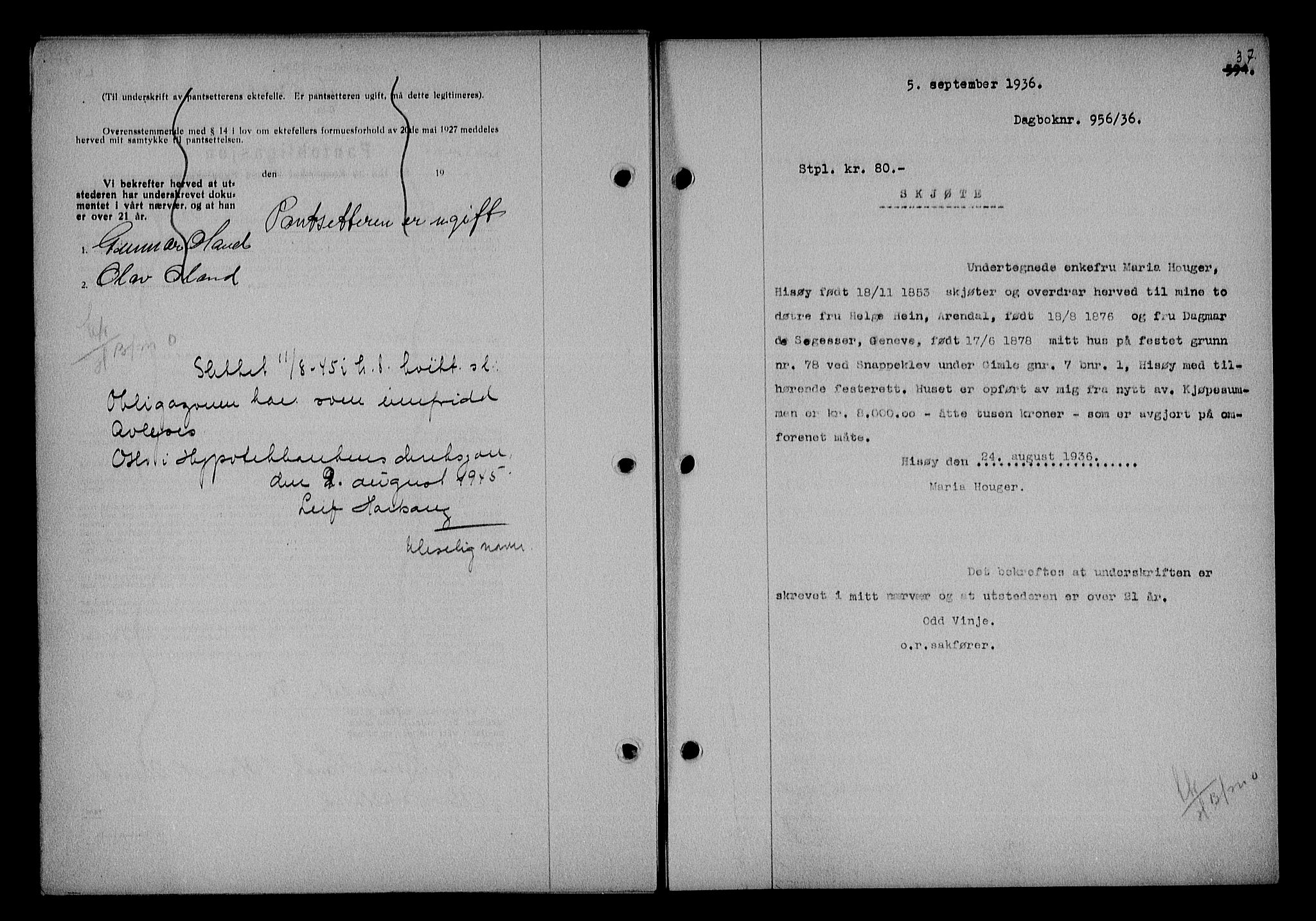 Nedenes sorenskriveri, SAK/1221-0006/G/Gb/Gba/L0043: Mortgage book no. 39, 1936-1937, Diary no: : 956/1936