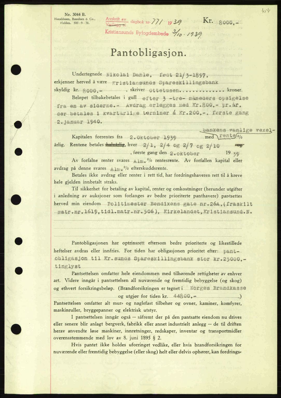 Kristiansund byfogd, SAT/A-4587/A/27: Mortgage book no. 31, 1938-1939, Diary no: : 771/1939