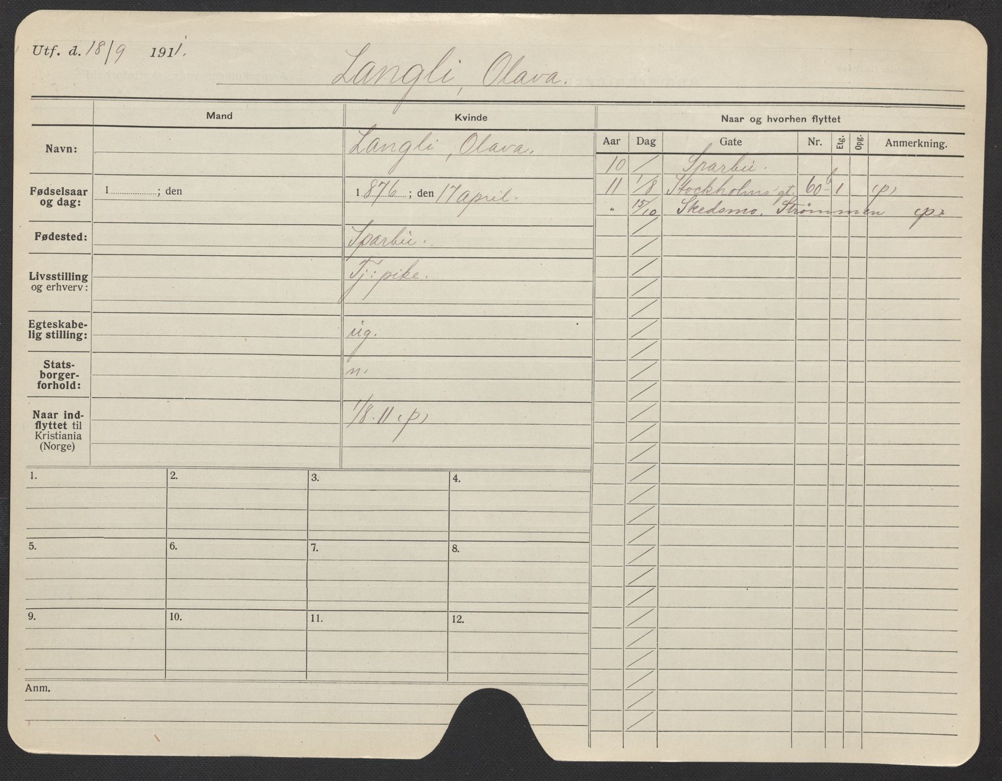 Oslo folkeregister, Registerkort, SAO/A-11715/F/Fa/Fac/L0019: Kvinner, 1906-1914, p. 751a