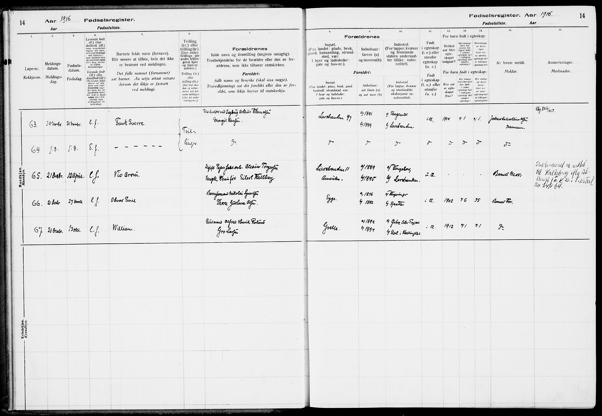 Lier kirkebøker, SAKO/A-230/J/Ja/L0001: Birth register no. 1, 1916-1928, p. 14