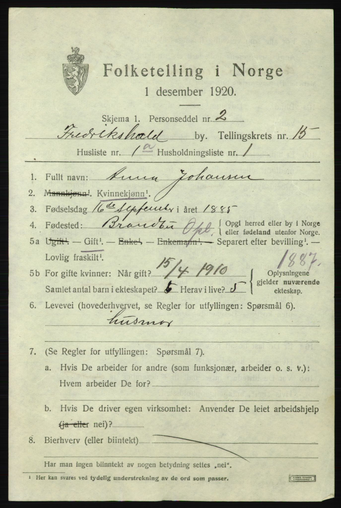 SAO, 1920 census for Fredrikshald, 1920, p. 23138