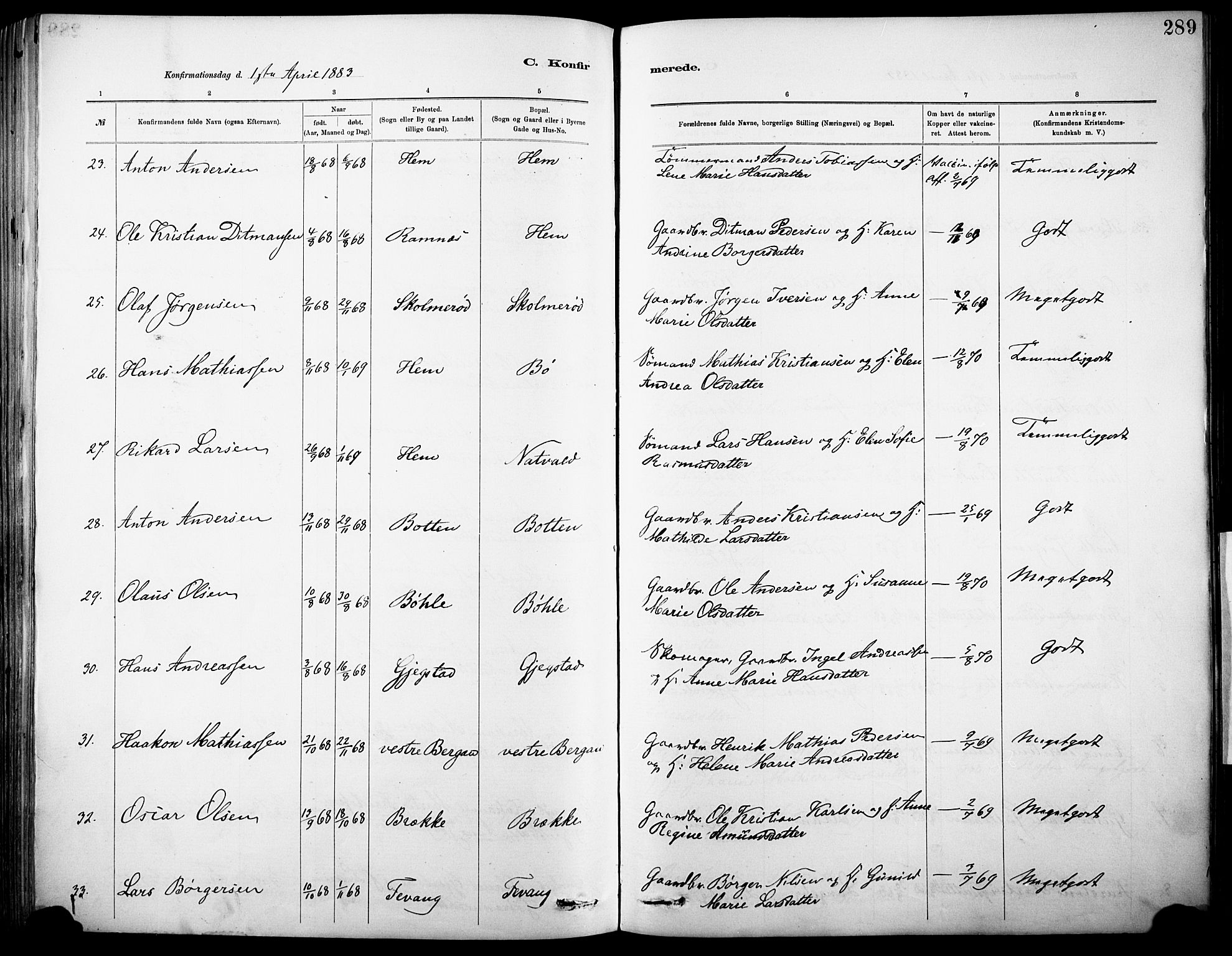 Sandar kirkebøker, AV/SAKO-A-243/F/Fa/L0012: Parish register (official) no. 12, 1883-1895, p. 289