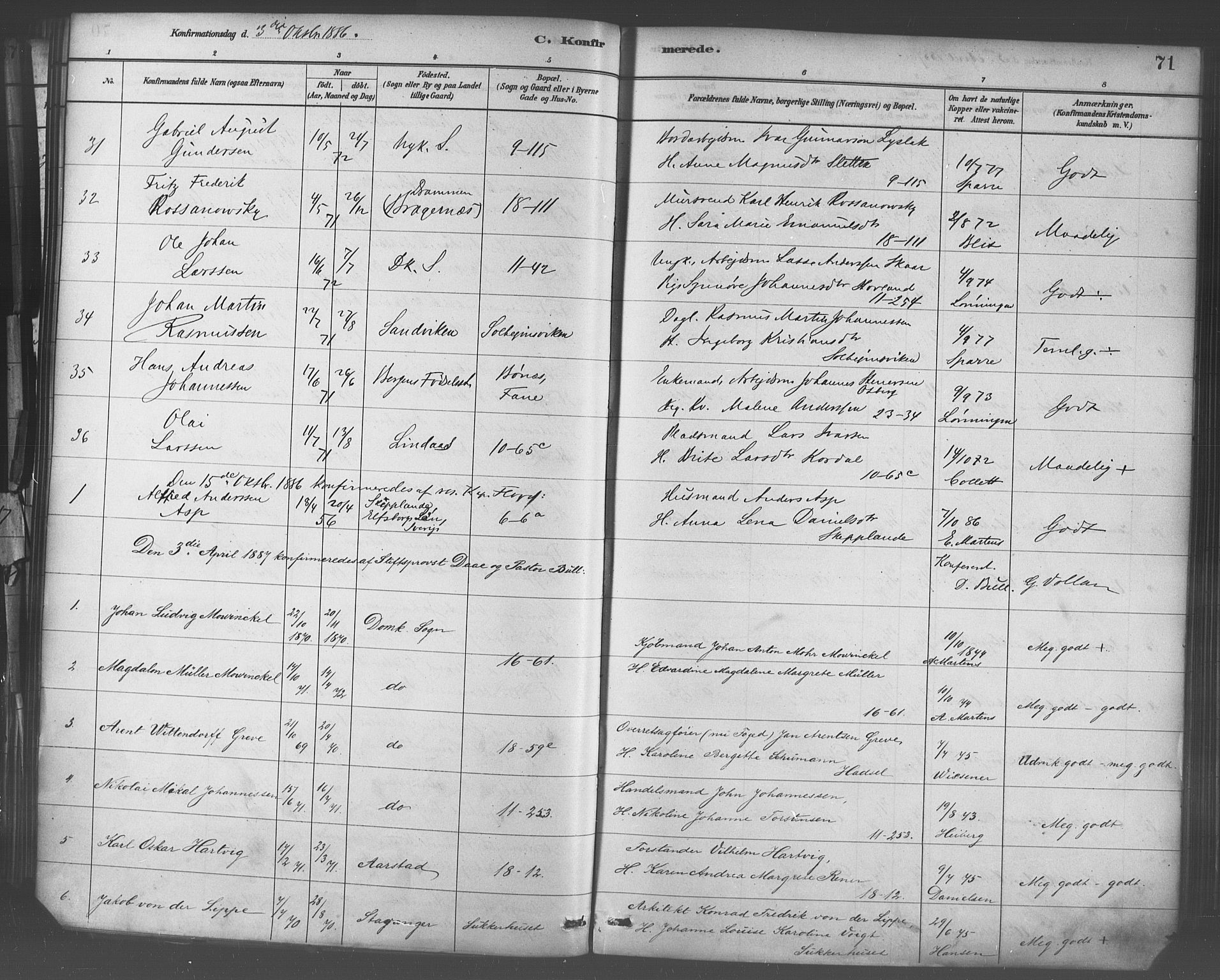 Domkirken sokneprestembete, SAB/A-74801/H/Haa/L0030: Parish register (official) no. C 5, 1880-1898, p. 71