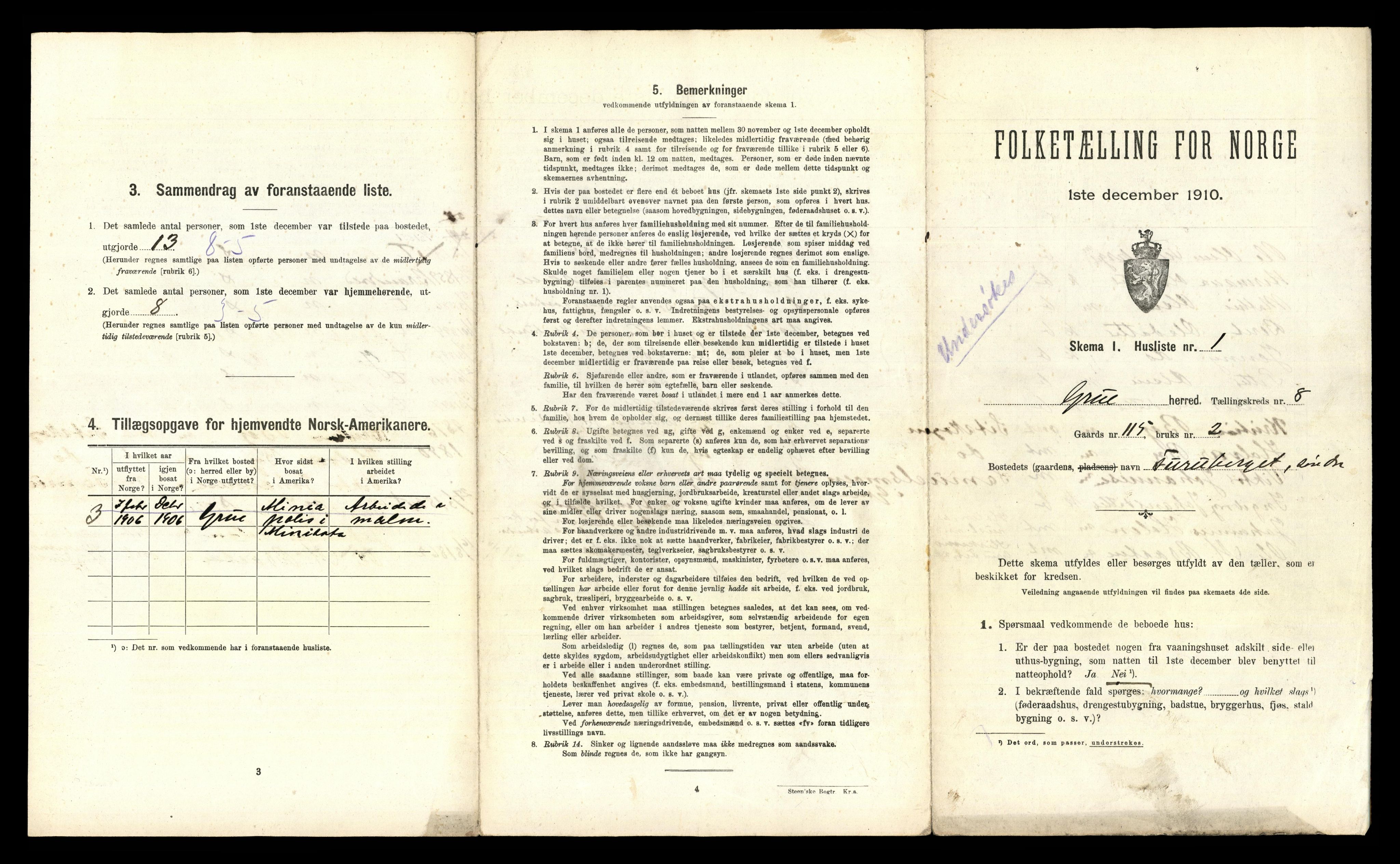 RA, 1910 census for Grue, 1910, p. 1185