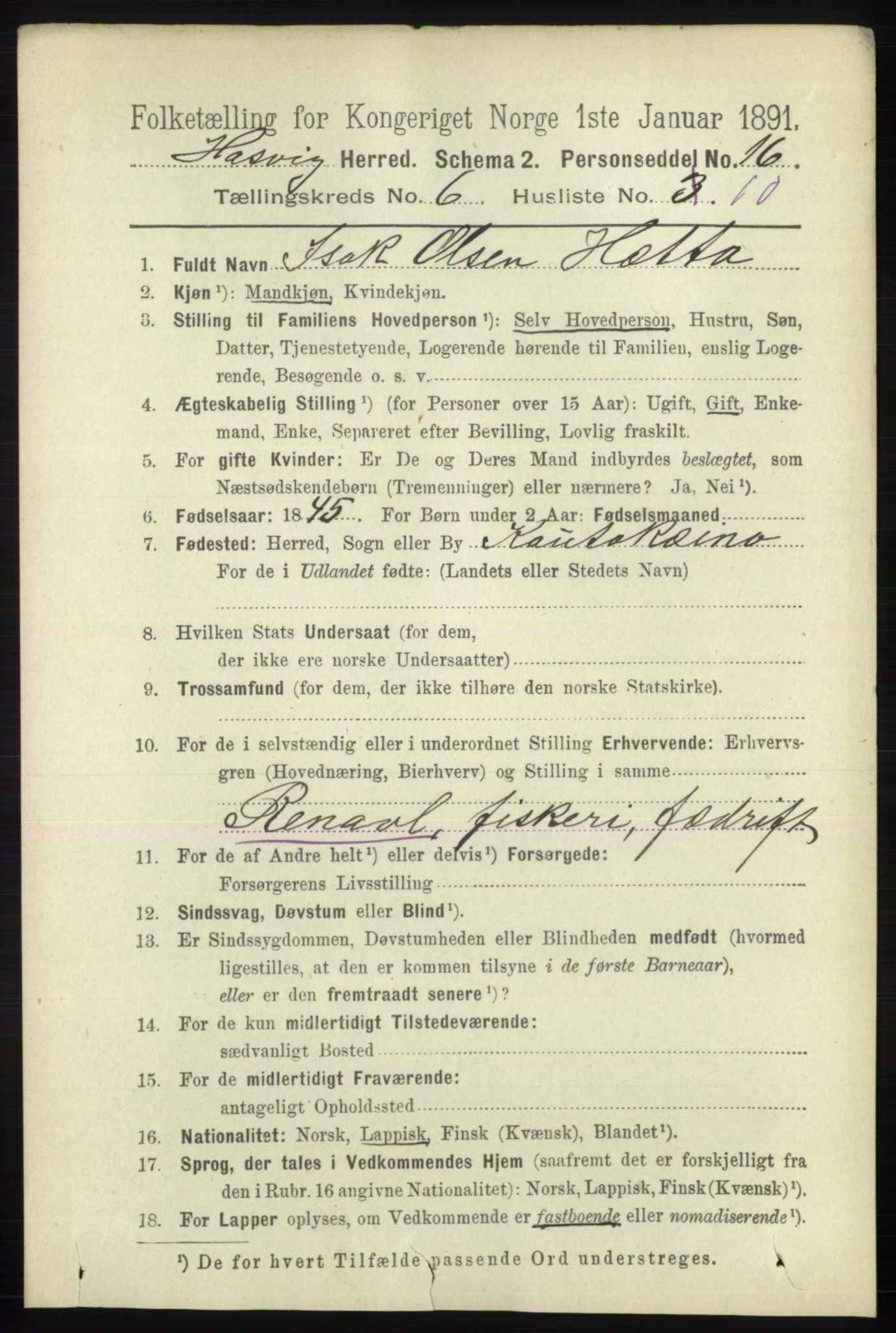 RA, 1891 census for 2015 Hasvik, 1891, p. 956