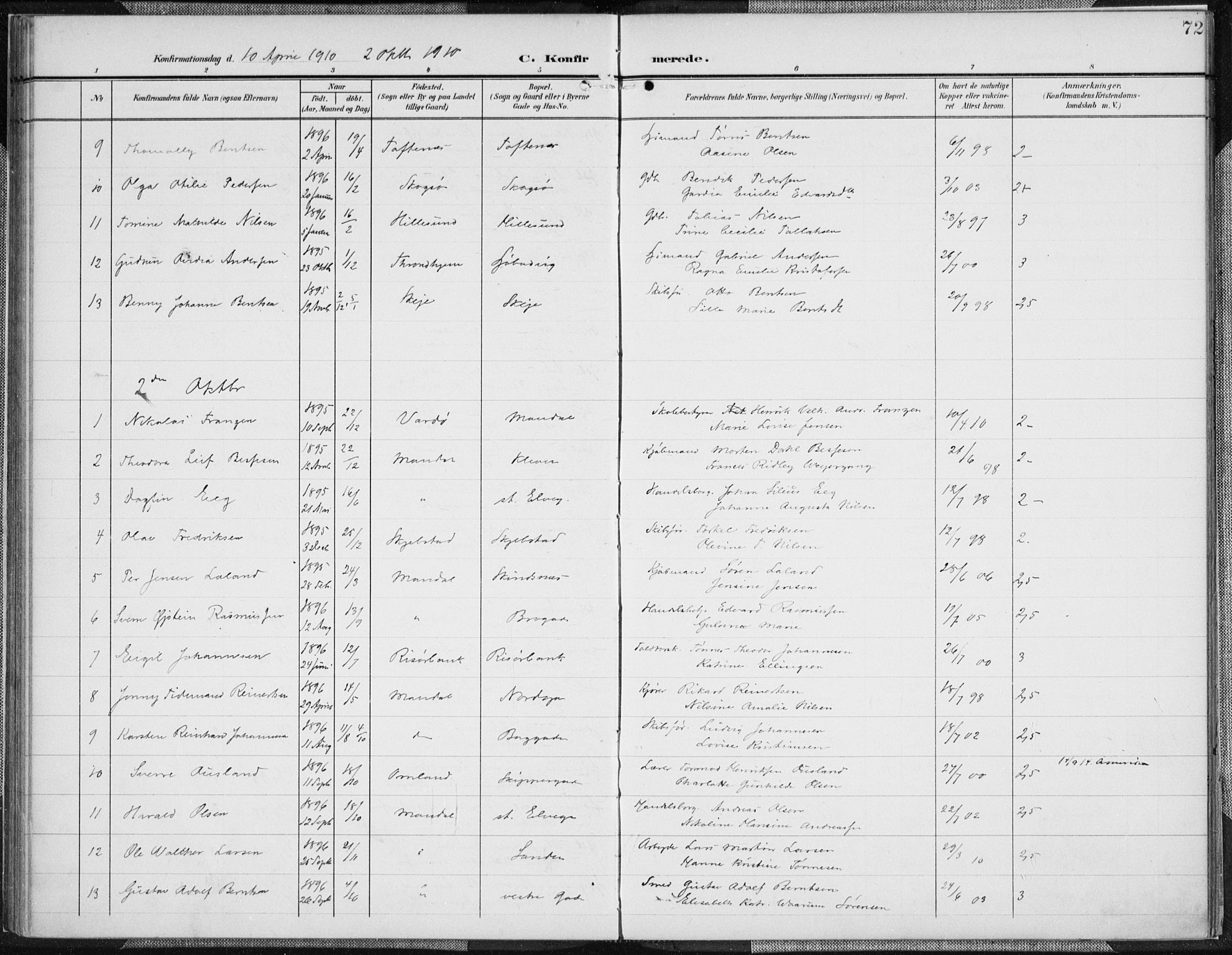 Mandal sokneprestkontor, AV/SAK-1111-0030/F/Fa/Faa/L0019: Parish register (official) no. A 19, 1902-1912, p. 72