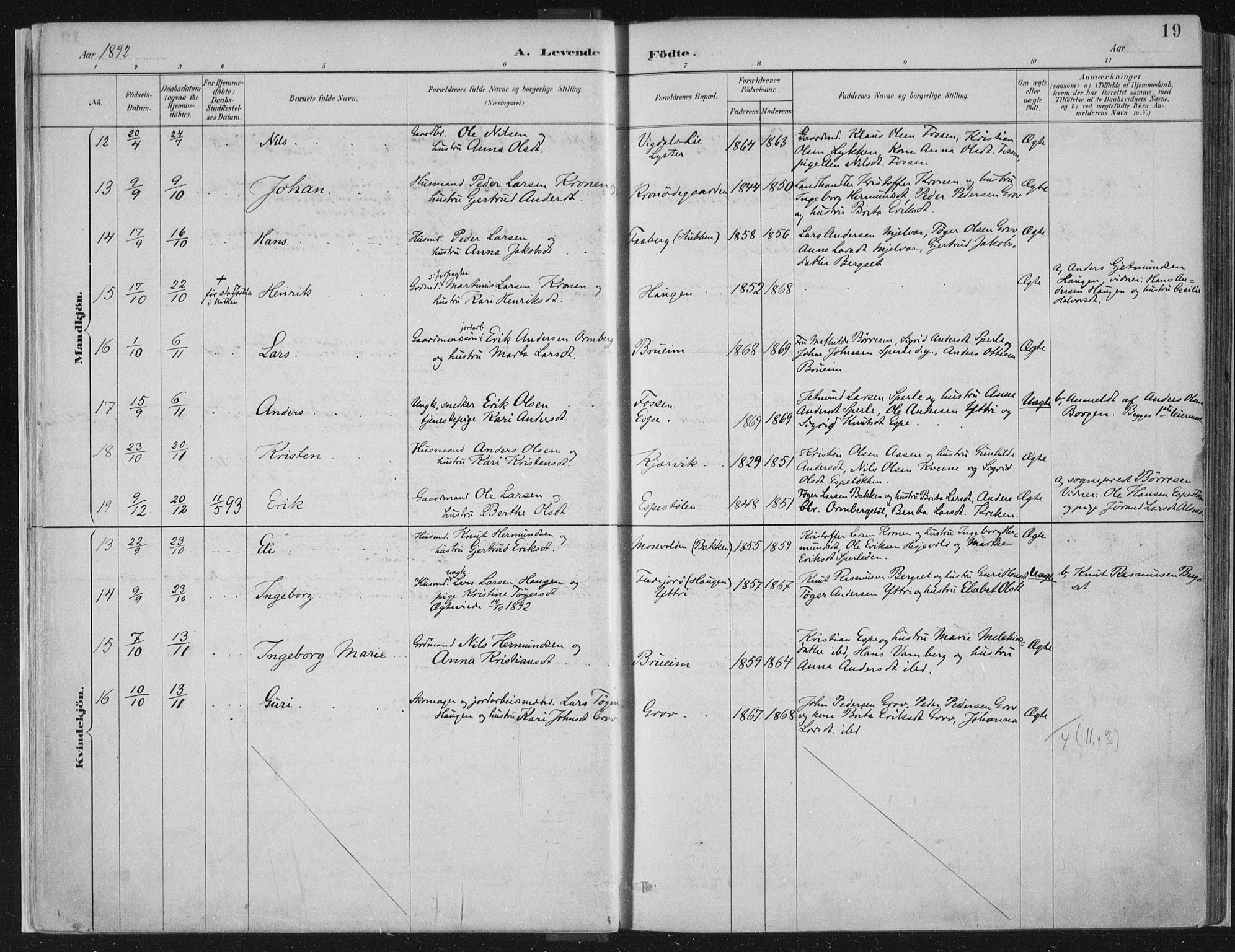 Jostedal sokneprestembete, AV/SAB-A-80601/H/Haa/Haab/L0001: Parish register (official) no. B 1, 1887-1914, p. 19