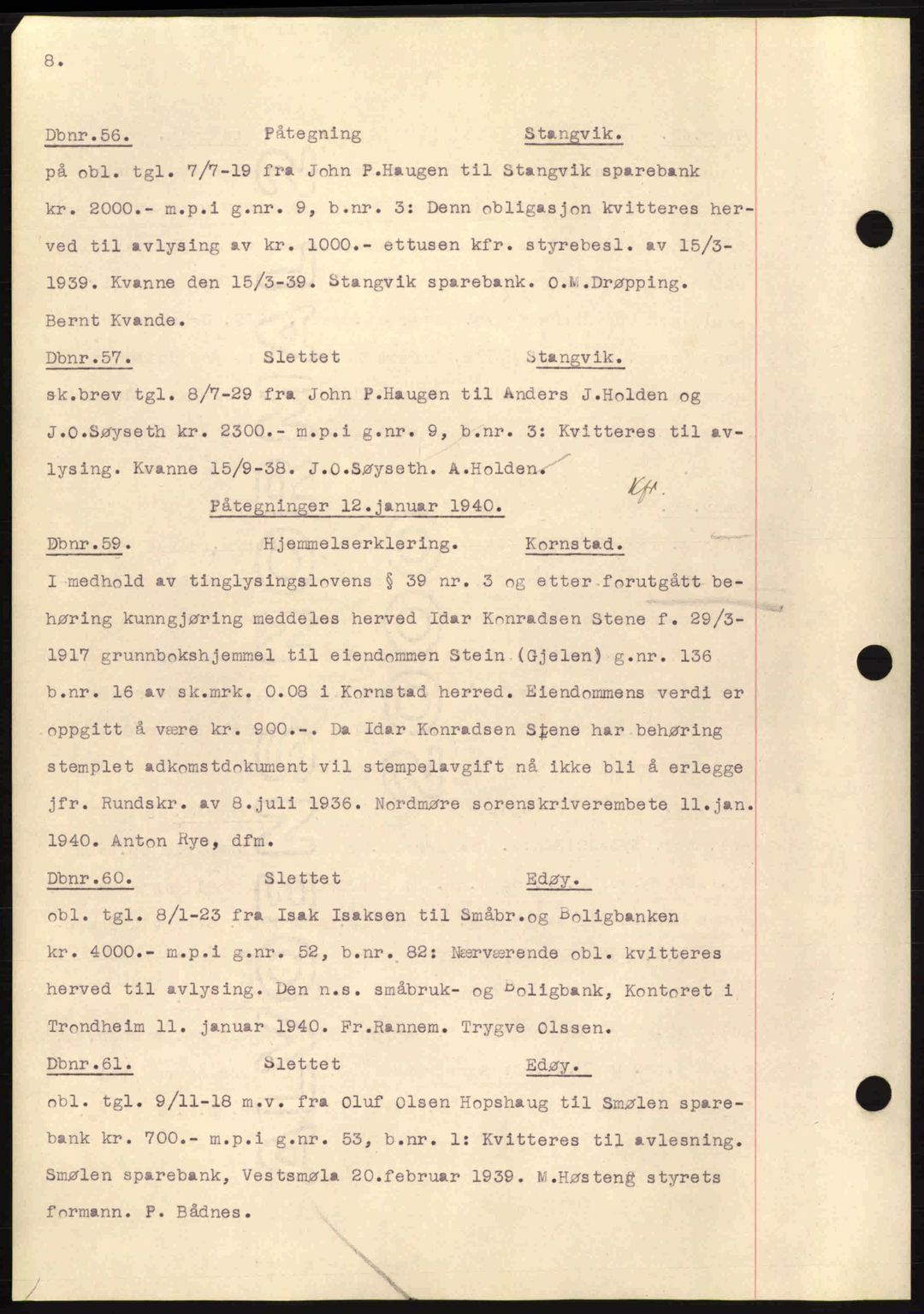 Nordmøre sorenskriveri, AV/SAT-A-4132/1/2/2Ca: Mortgage book no. C81, 1940-1945, Diary no: : 56/1940