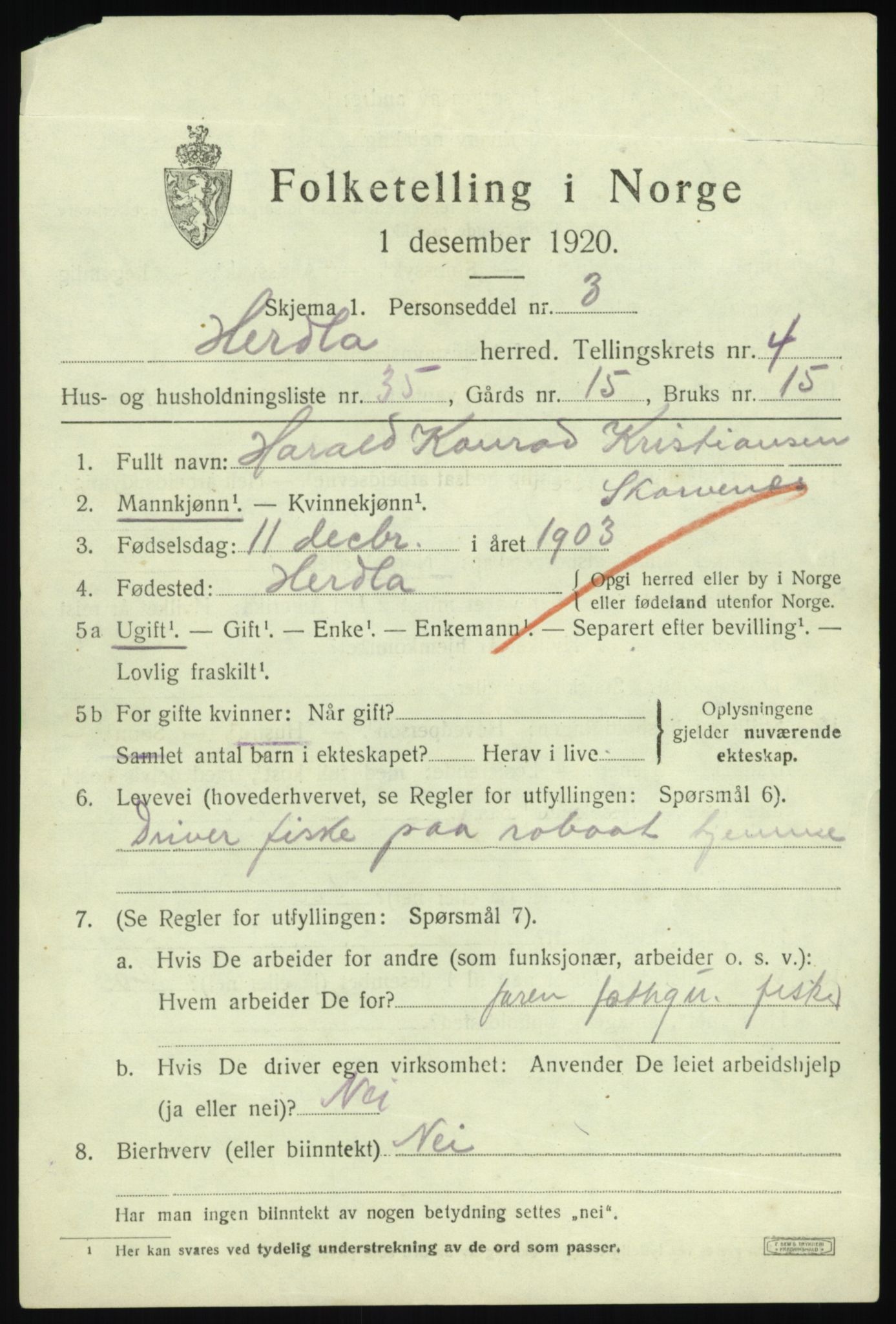 SAB, 1920 census for Herdla, 1920, p. 3811