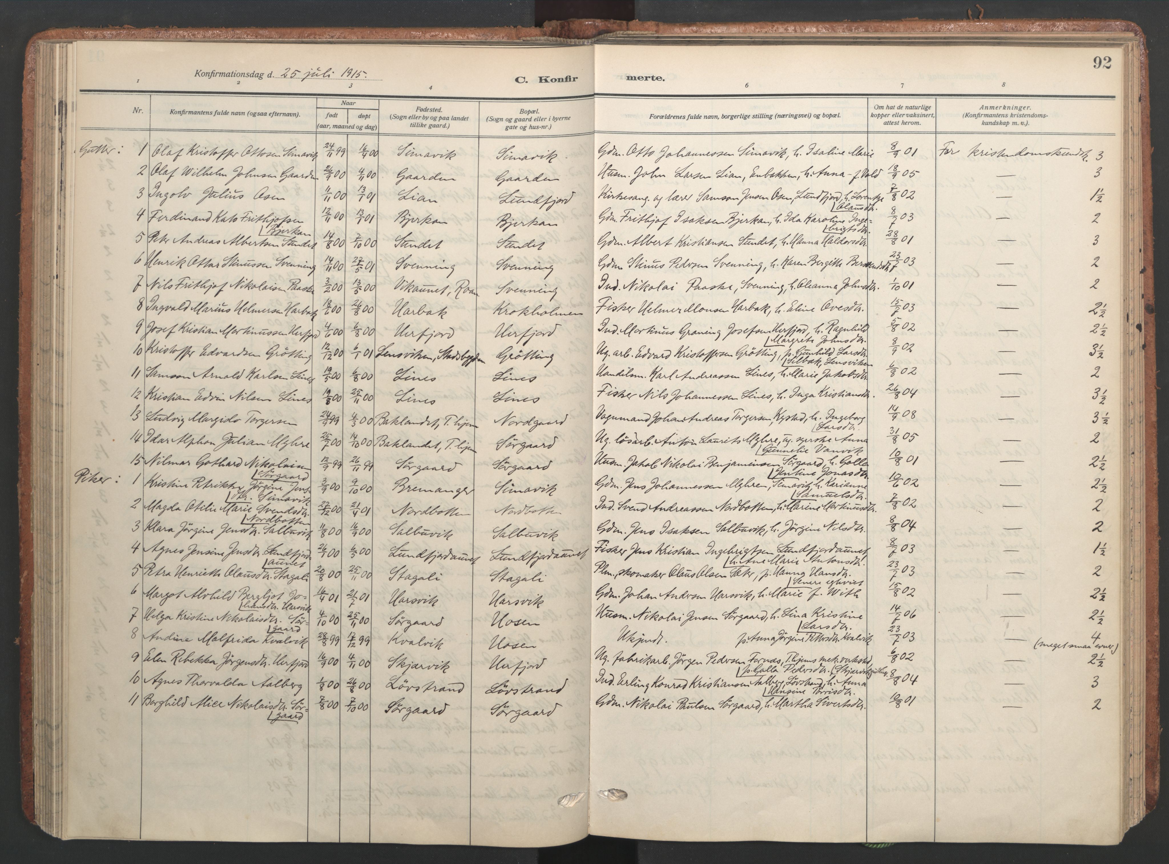 Ministerialprotokoller, klokkerbøker og fødselsregistre - Sør-Trøndelag, SAT/A-1456/656/L0694: Parish register (official) no. 656A03, 1914-1931, p. 92