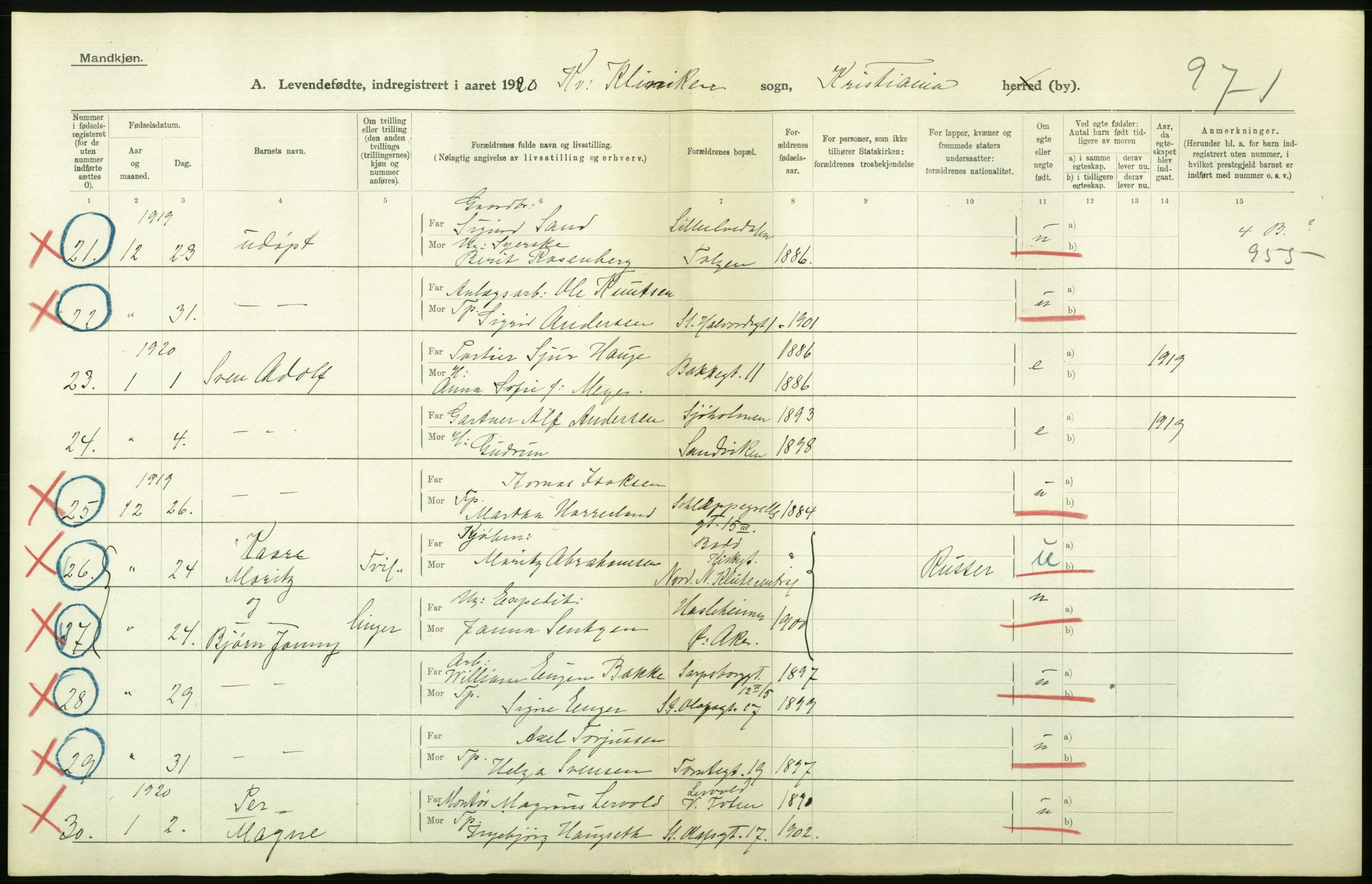 Statistisk sentralbyrå, Sosiodemografiske emner, Befolkning, AV/RA-S-2228/D/Df/Dfb/Dfbj/L0008: Kristiania: Levendefødte menn og kvinner., 1920, p. 326