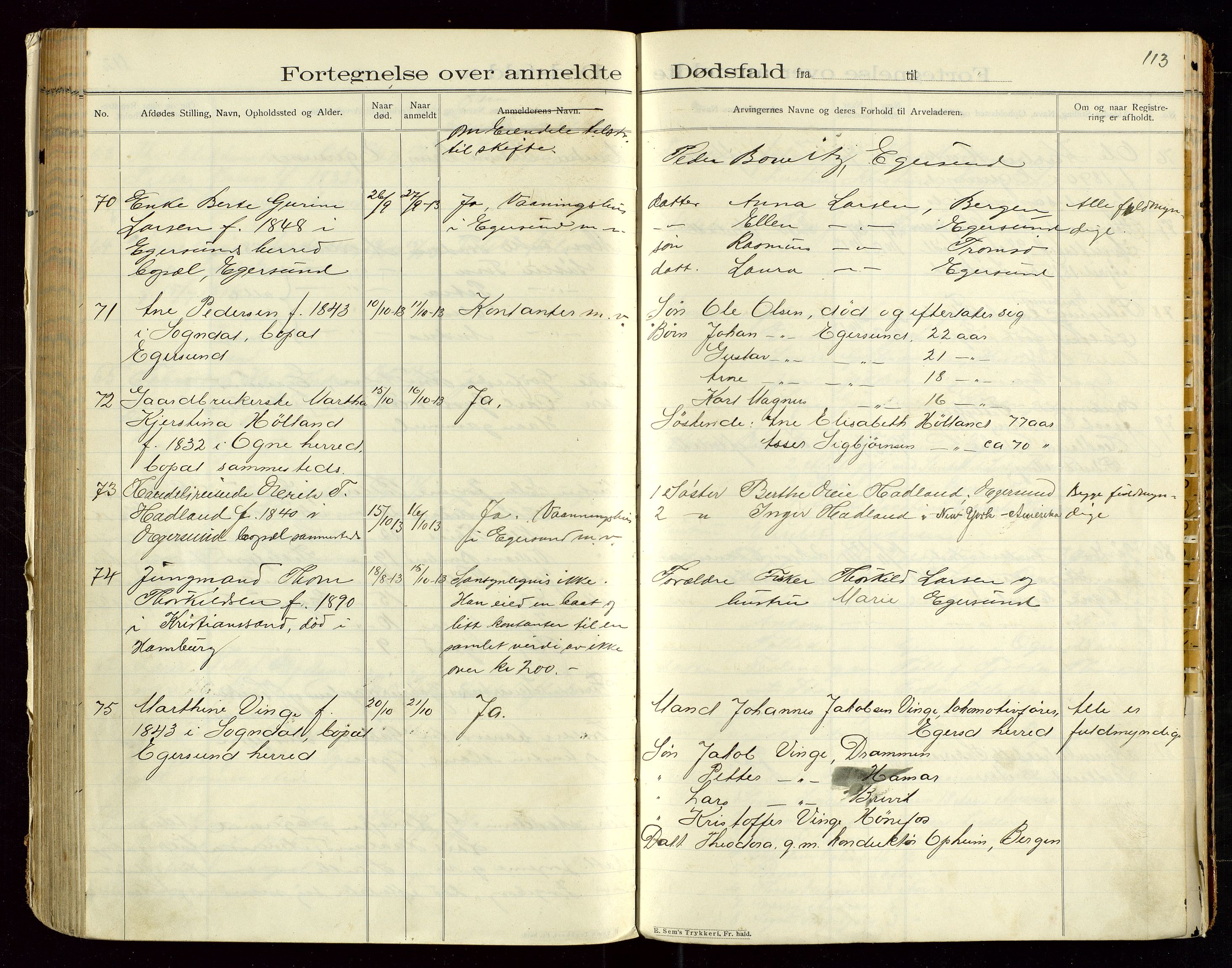 Eigersund lensmannskontor, SAST/A-100171/Gga/L0005: "Dødsfalds-Protokol" m/alfabetisk navneregister, 1905-1913, p. 113