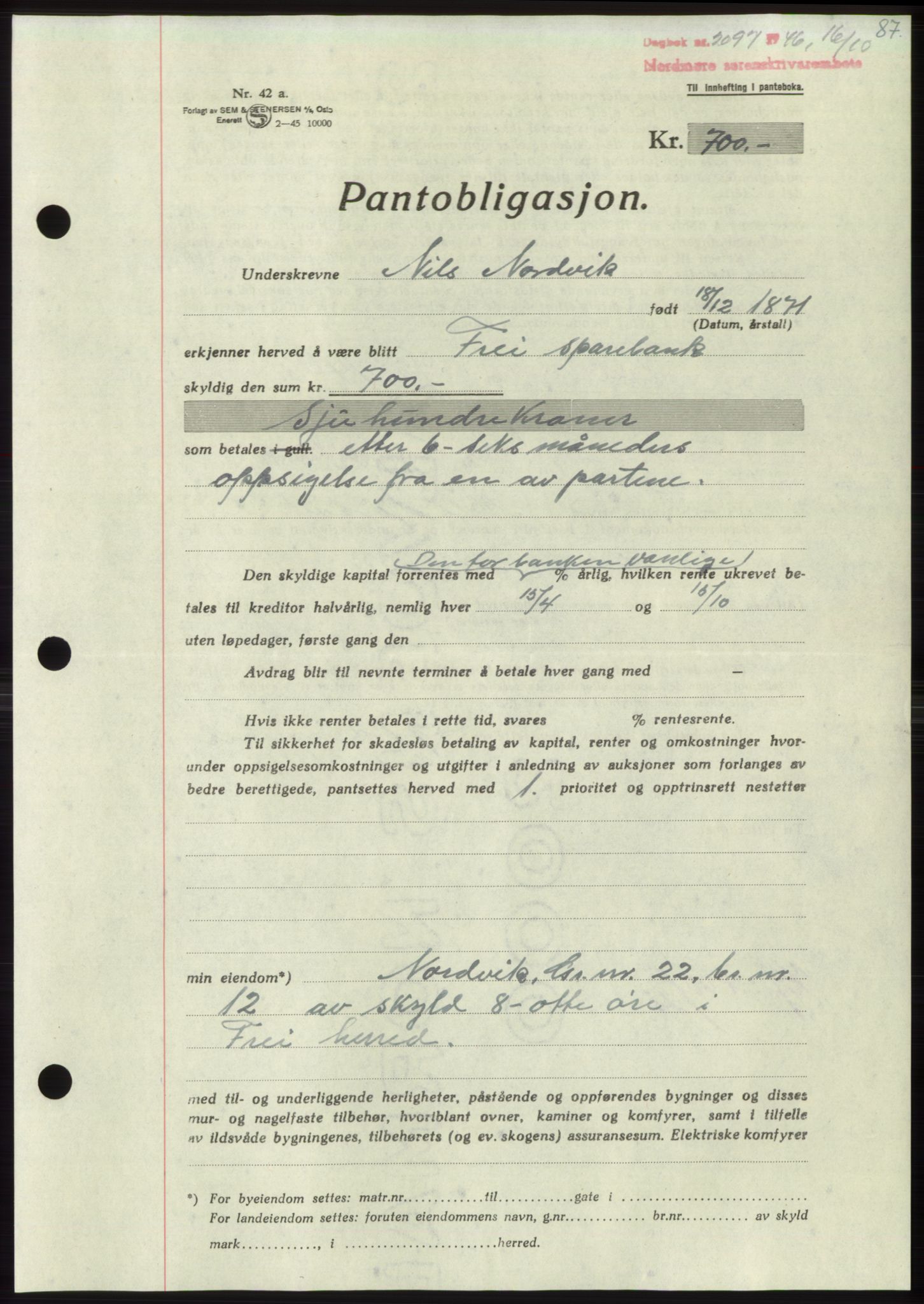 Nordmøre sorenskriveri, AV/SAT-A-4132/1/2/2Ca: Mortgage book no. B95, 1946-1947, Diary no: : 2097/1946