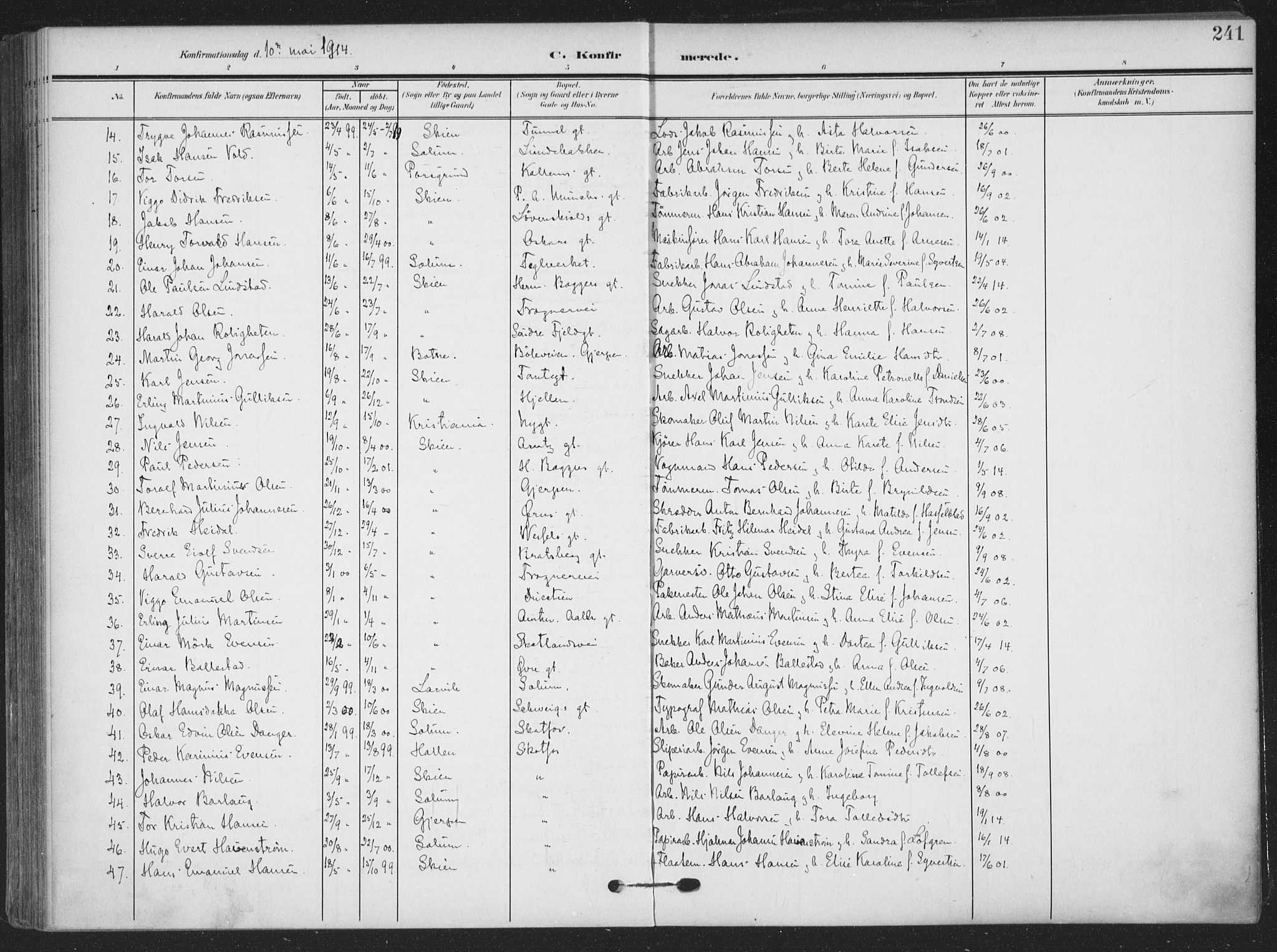 Skien kirkebøker, SAKO/A-302/F/Fa/L0012: Parish register (official) no. 12, 1908-1914, p. 241