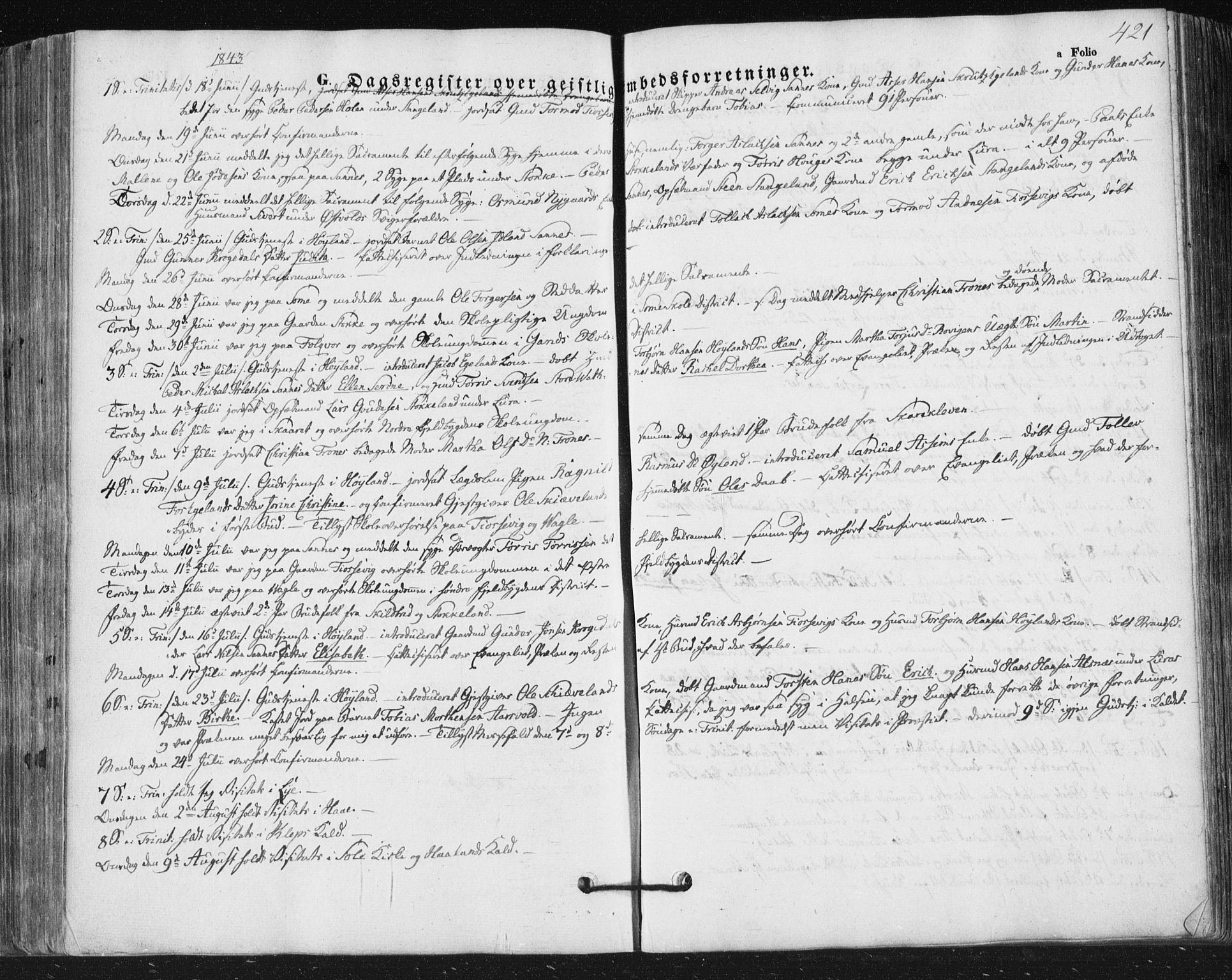Høyland sokneprestkontor, AV/SAST-A-101799/001/30BA/L0008: Parish register (official) no. A 8, 1841-1856, p. 421