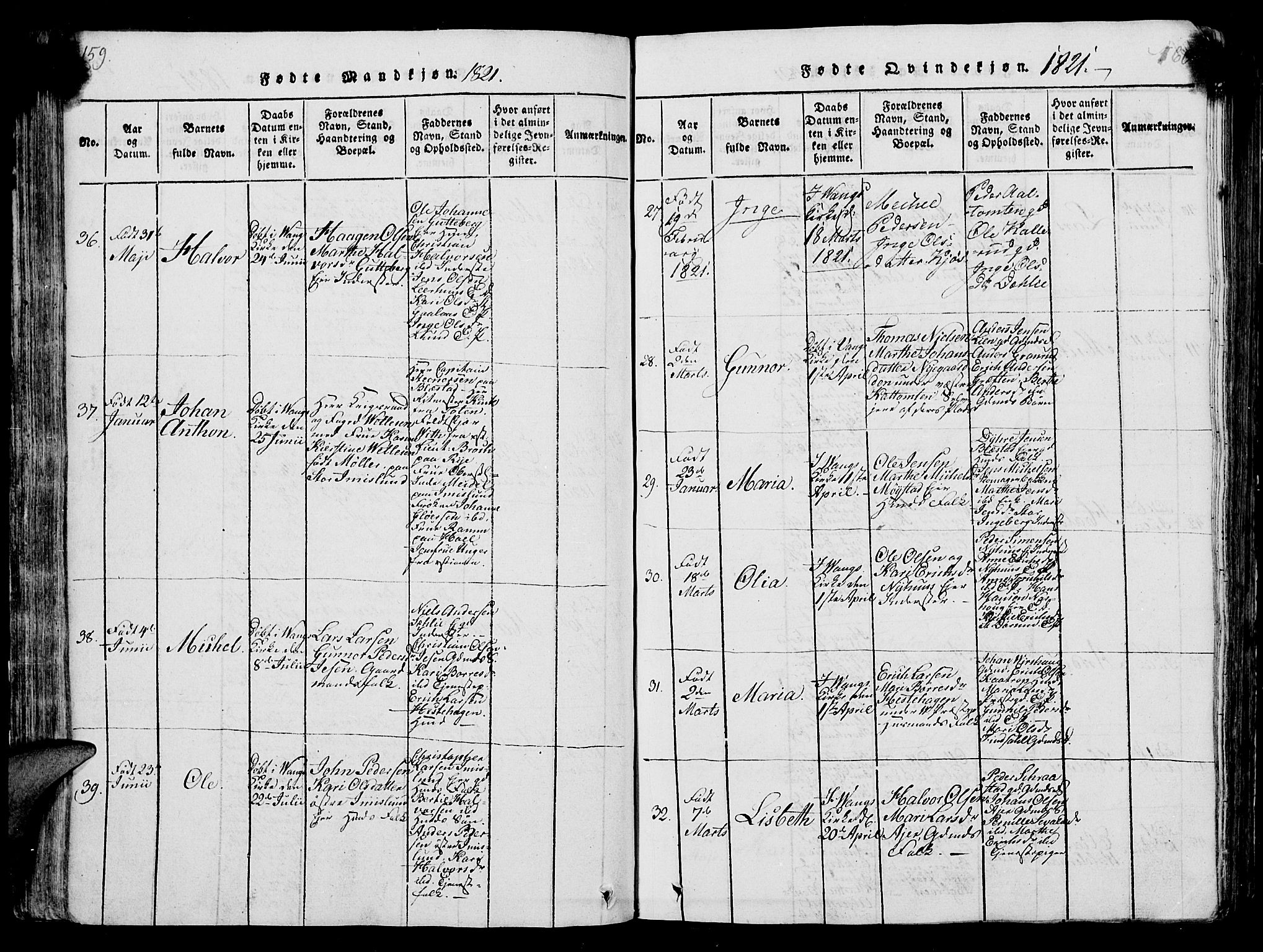 Vang prestekontor, Hedmark, AV/SAH-PREST-008/H/Ha/Hab/L0004: Parish register (copy) no. 4, 1813-1827, p. 159-160