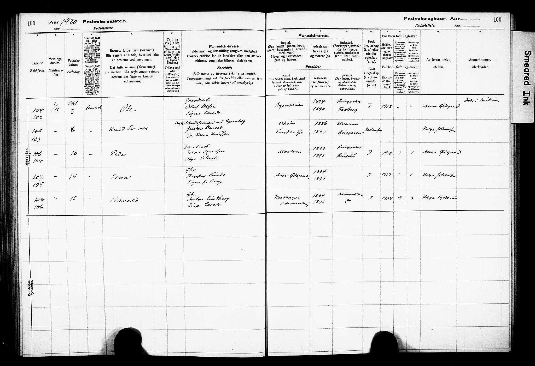 Ringsaker prestekontor, AV/SAH-PREST-014/O/Oa/L0001: Birth register no. 1, 1916-1925, p. 100