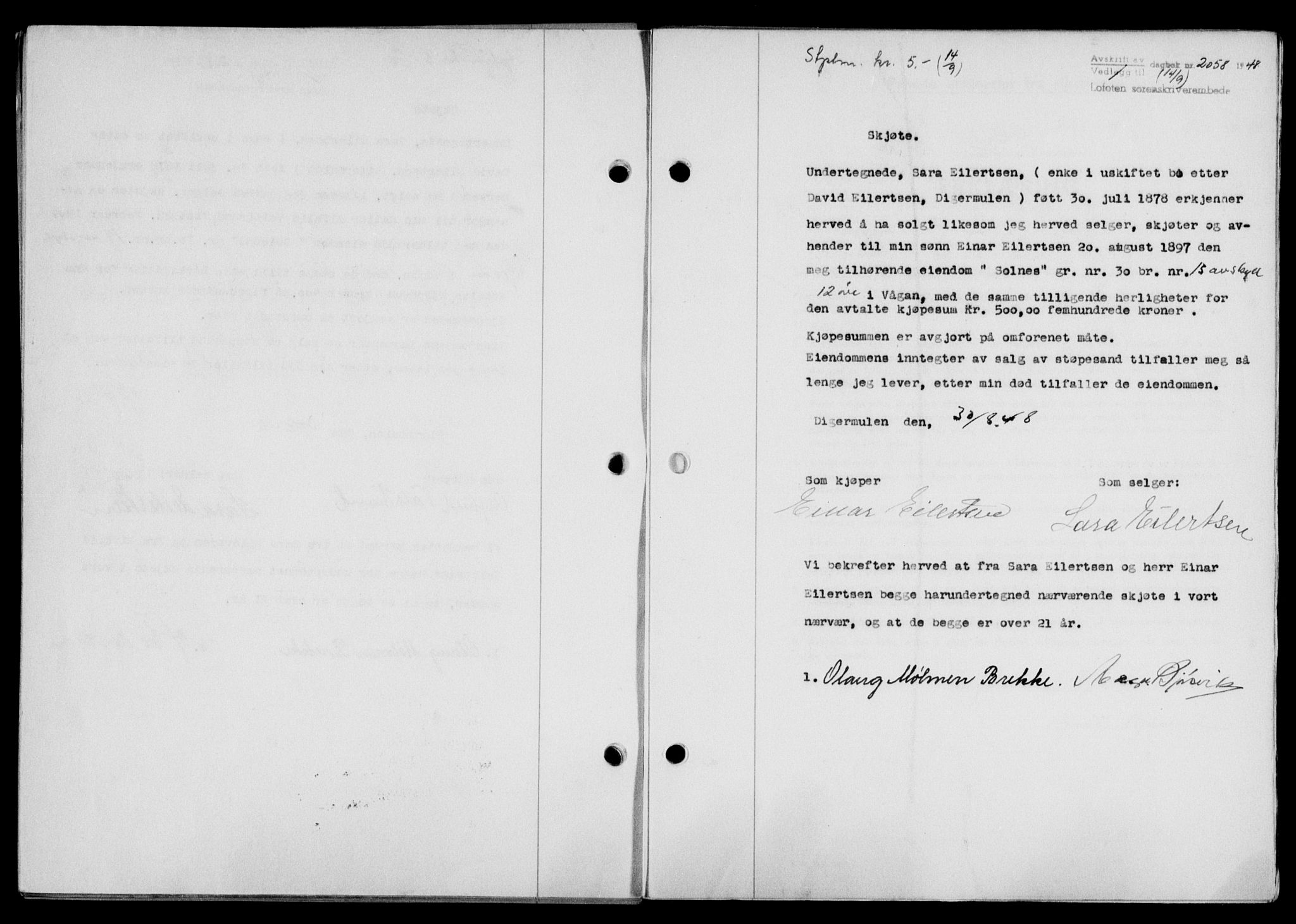 Lofoten sorenskriveri, SAT/A-0017/1/2/2C/L0019a: Mortgage book no. 19a, 1948-1948, Diary no: : 2058/1948