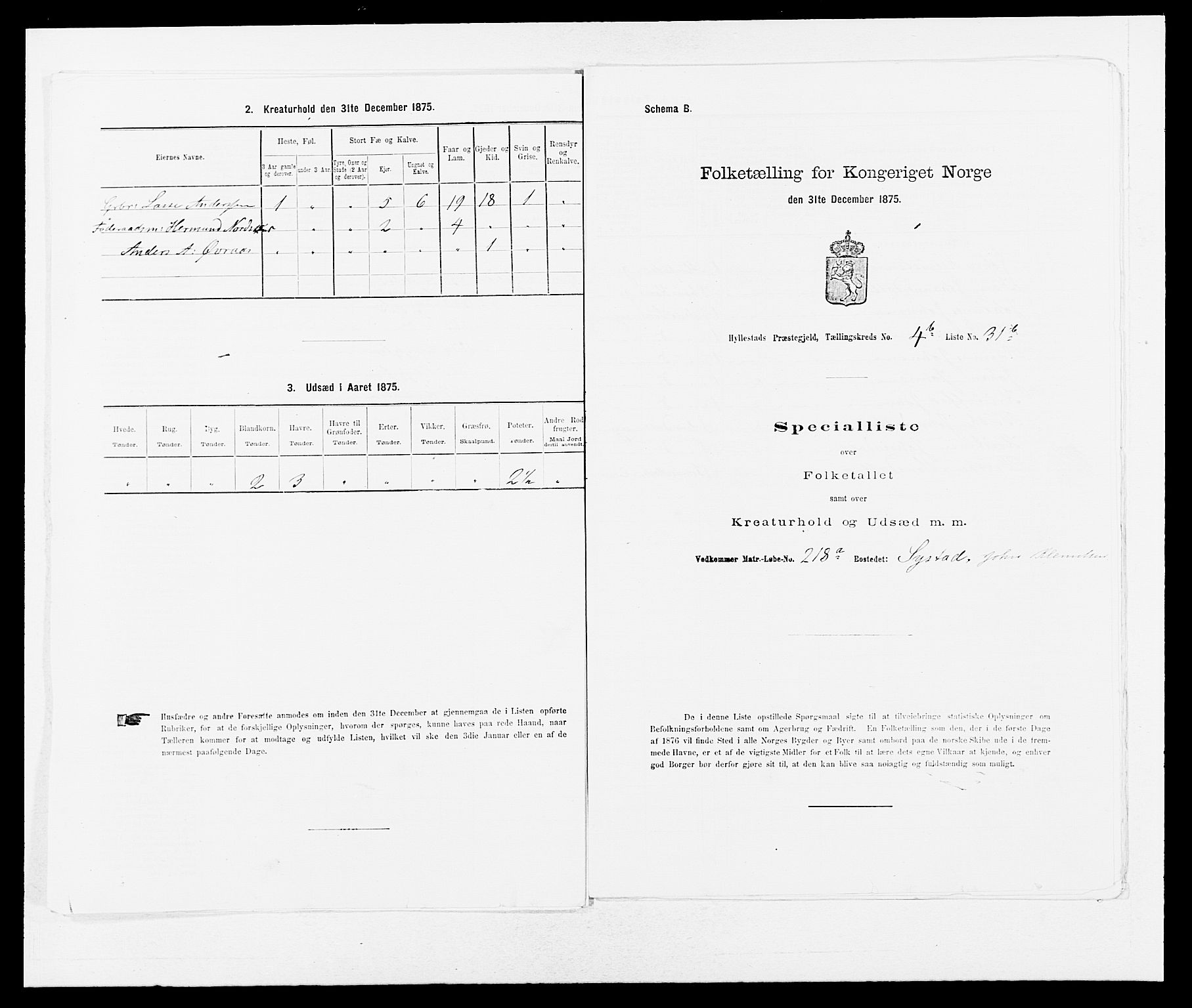 SAB, 1875 census for 1413P Hyllestad, 1875, p. 492