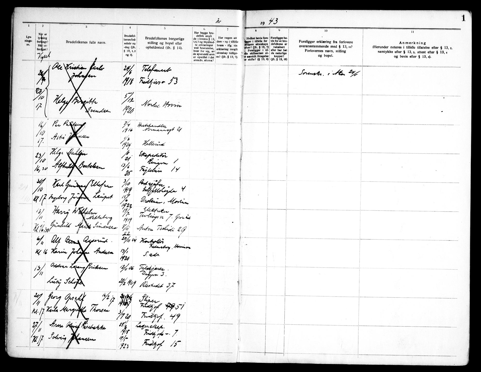 Østre Aker prestekontor Kirkebøker, SAO/A-10840/H/Ha/L0010: Banns register no. I 10, 1943-1948, p. 1
