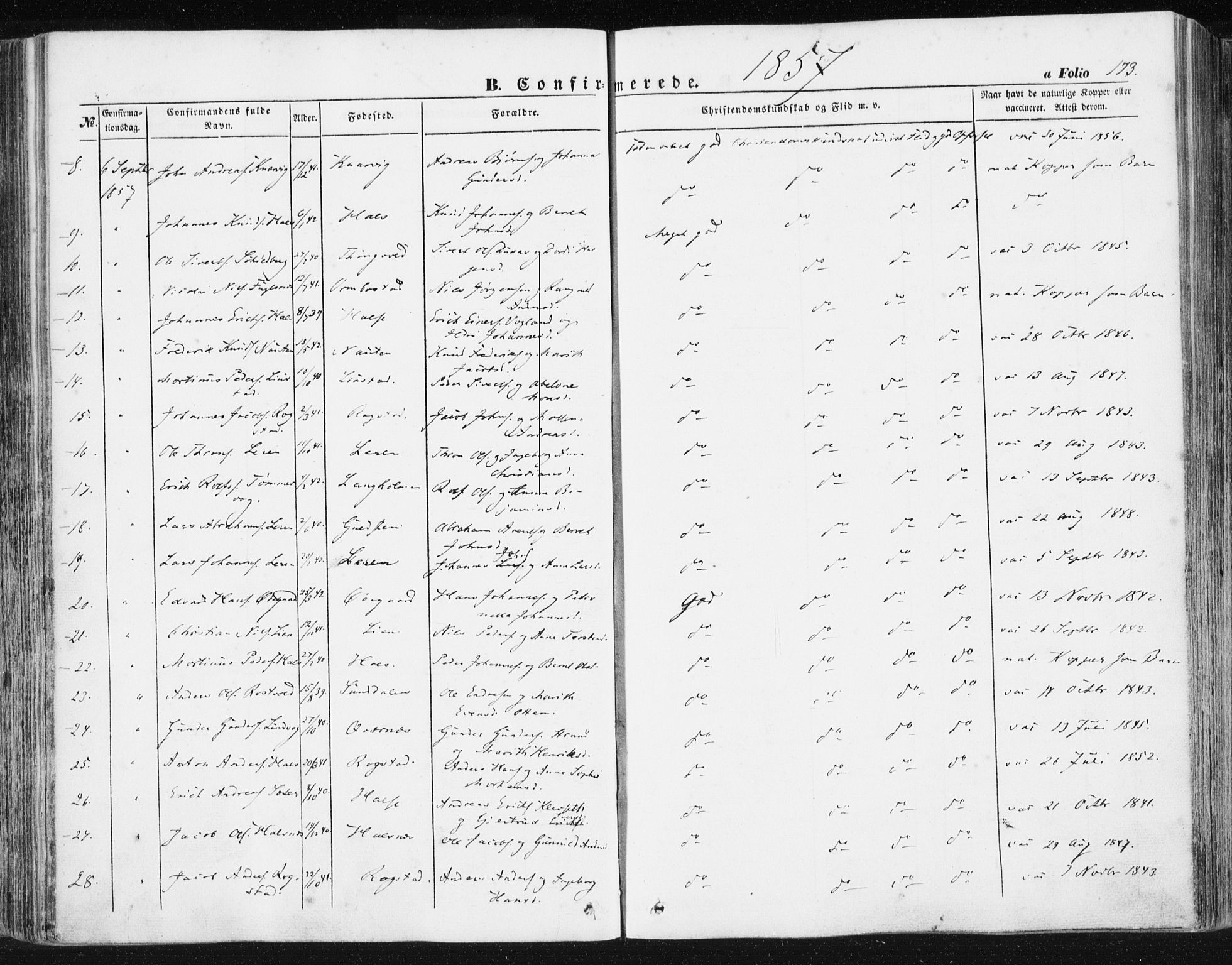 Ministerialprotokoller, klokkerbøker og fødselsregistre - Møre og Romsdal, AV/SAT-A-1454/581/L0937: Parish register (official) no. 581A05, 1853-1872, p. 173