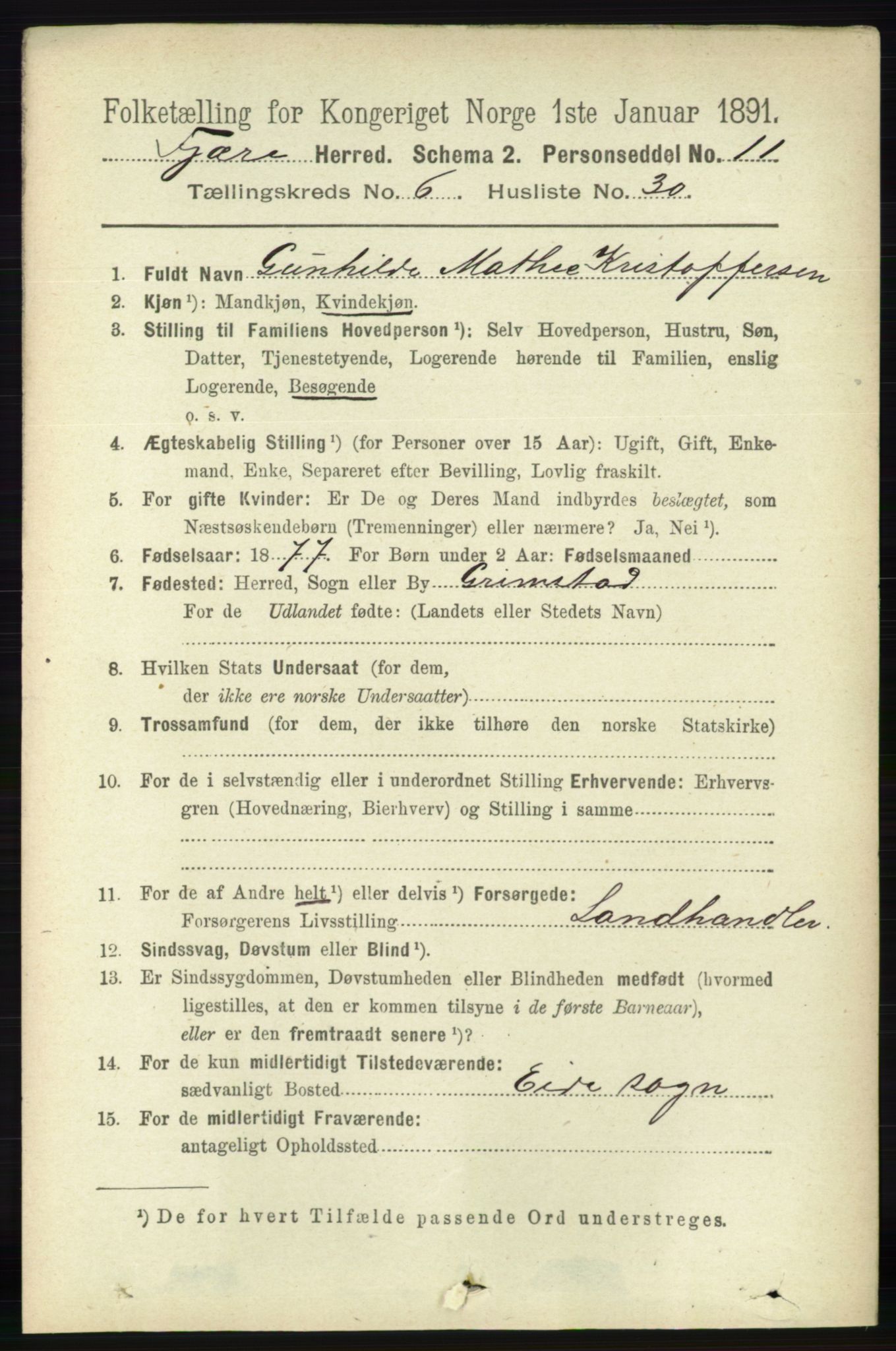 RA, 1891 census for 0923 Fjære, 1891, p. 3121