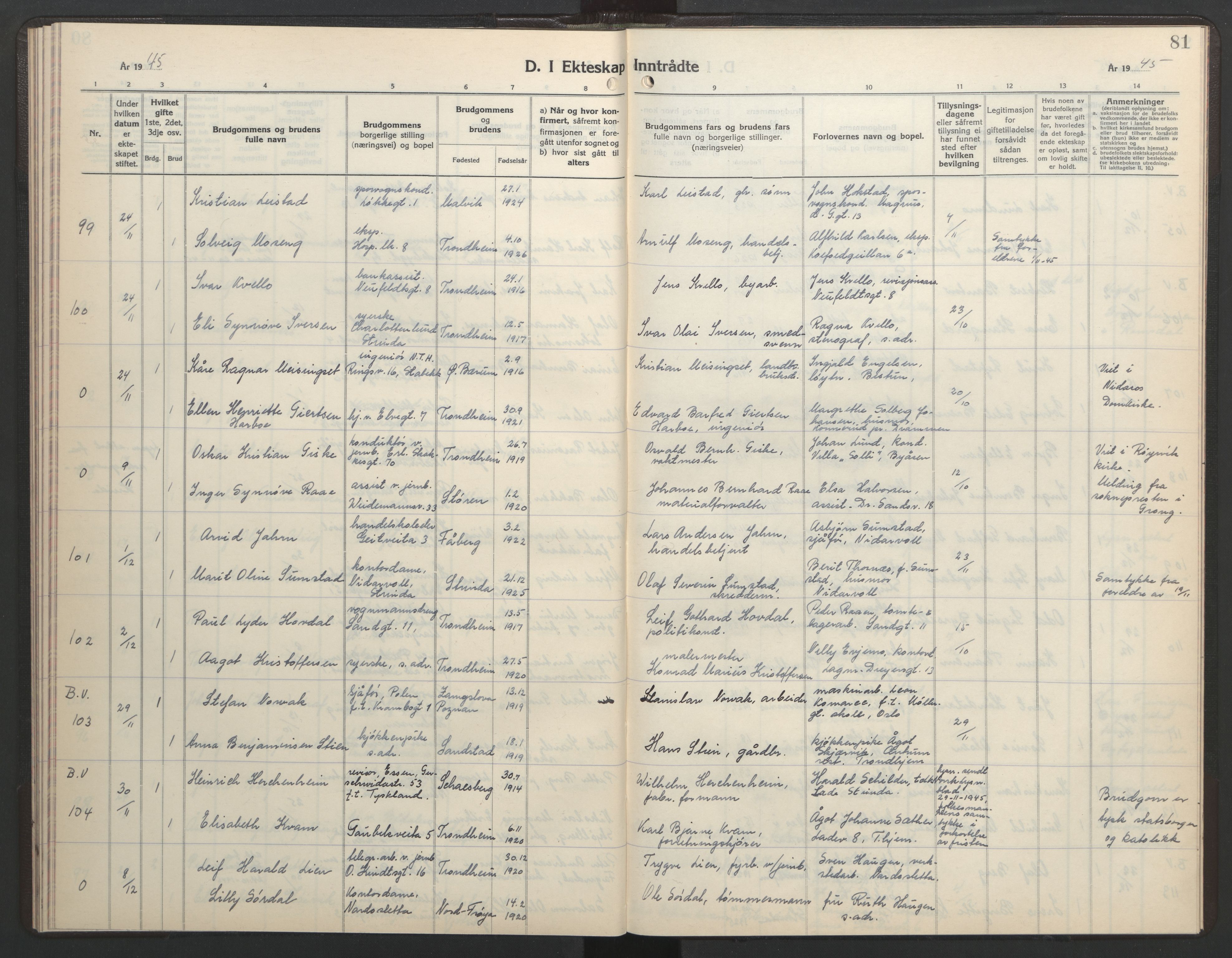 Ministerialprotokoller, klokkerbøker og fødselsregistre - Sør-Trøndelag, SAT/A-1456/602/L0154: Parish register (copy) no. 602C22, 1940-1947, p. 81