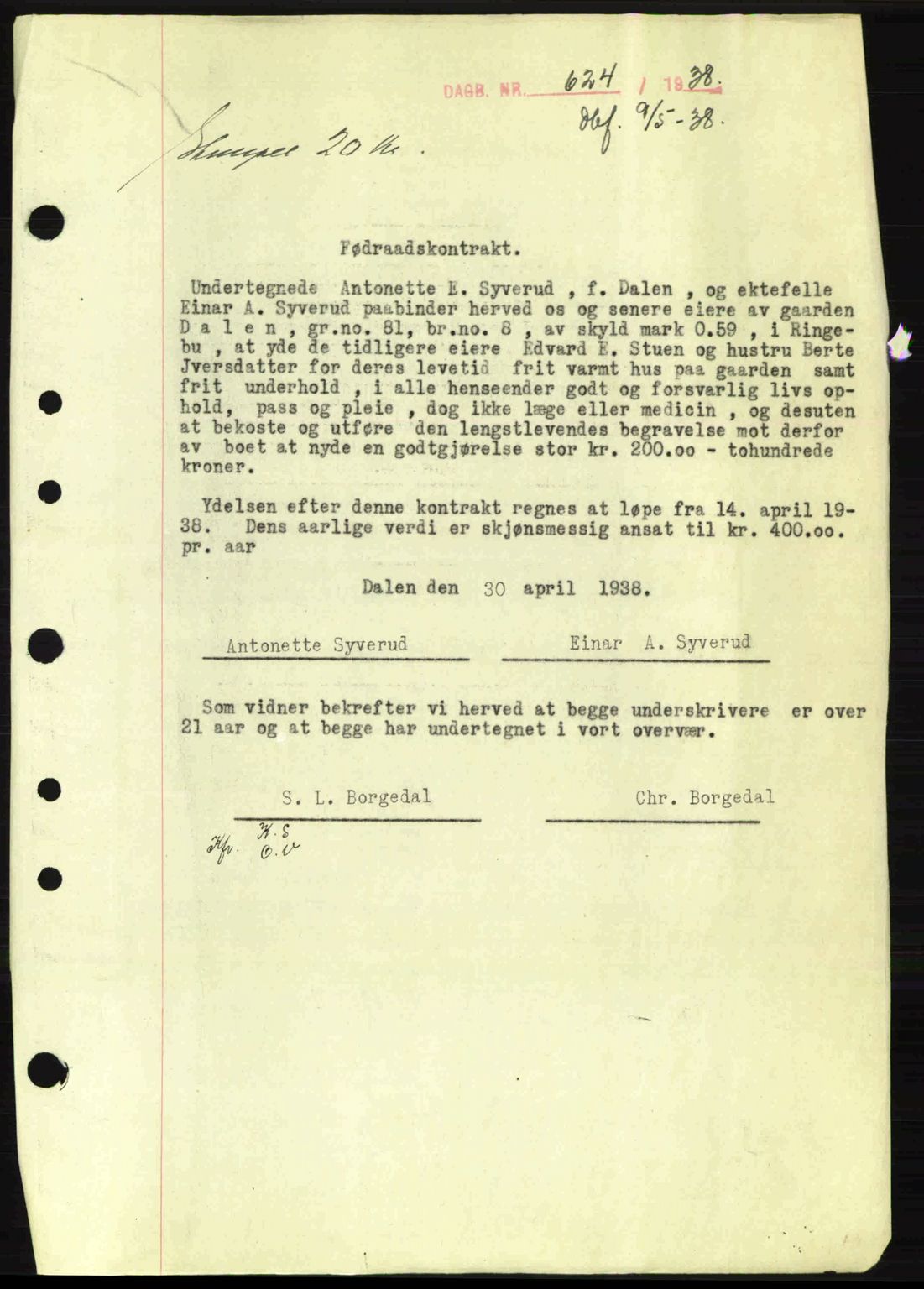 Sør-Gudbrandsdal tingrett, SAH/TING-004/H/Hb/Hbe/L0001: Mortgage book no. B1, 1936-1939, Diary no: : 624/1938