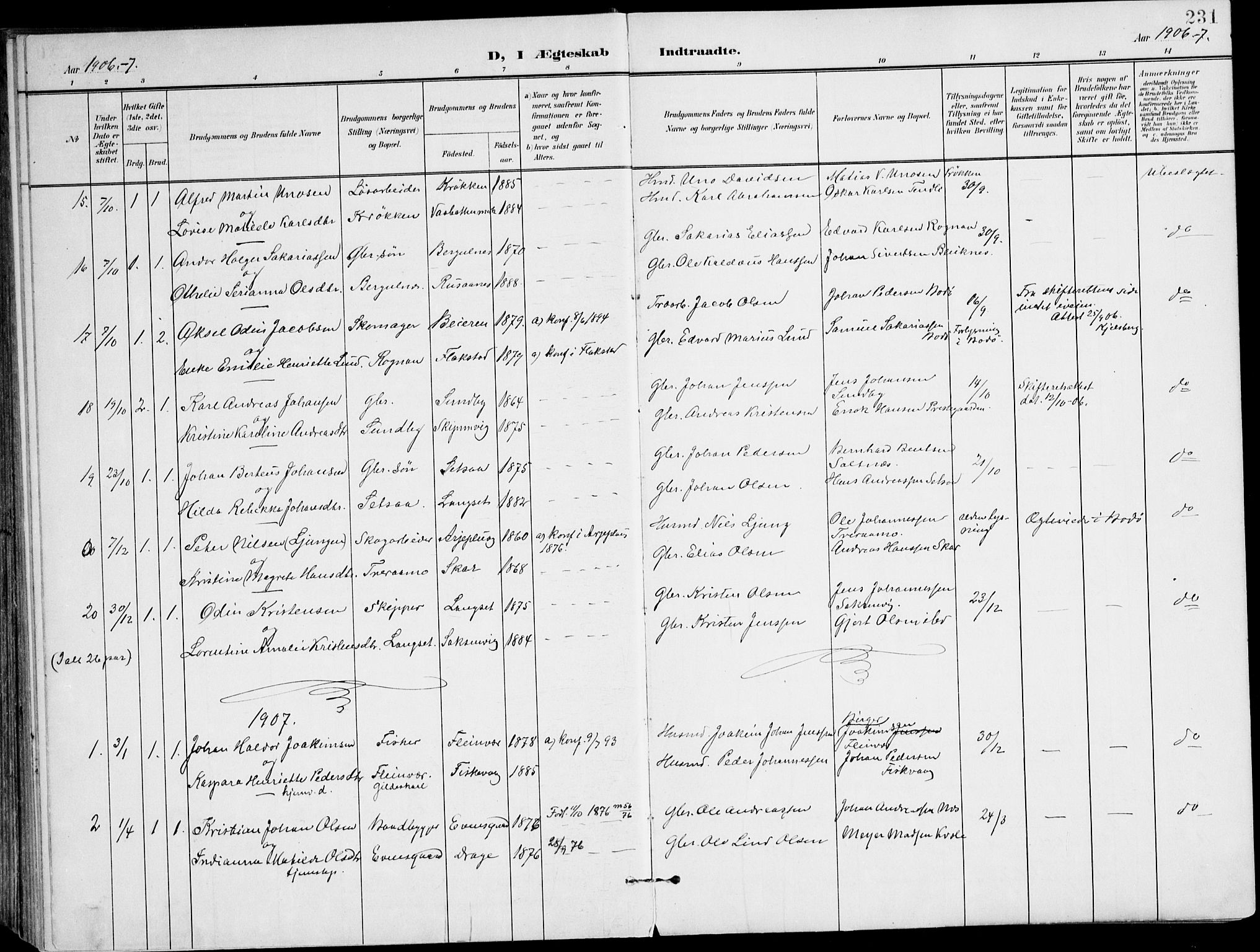 Ministerialprotokoller, klokkerbøker og fødselsregistre - Nordland, SAT/A-1459/847/L0672: Parish register (official) no. 847A12, 1902-1919, p. 231