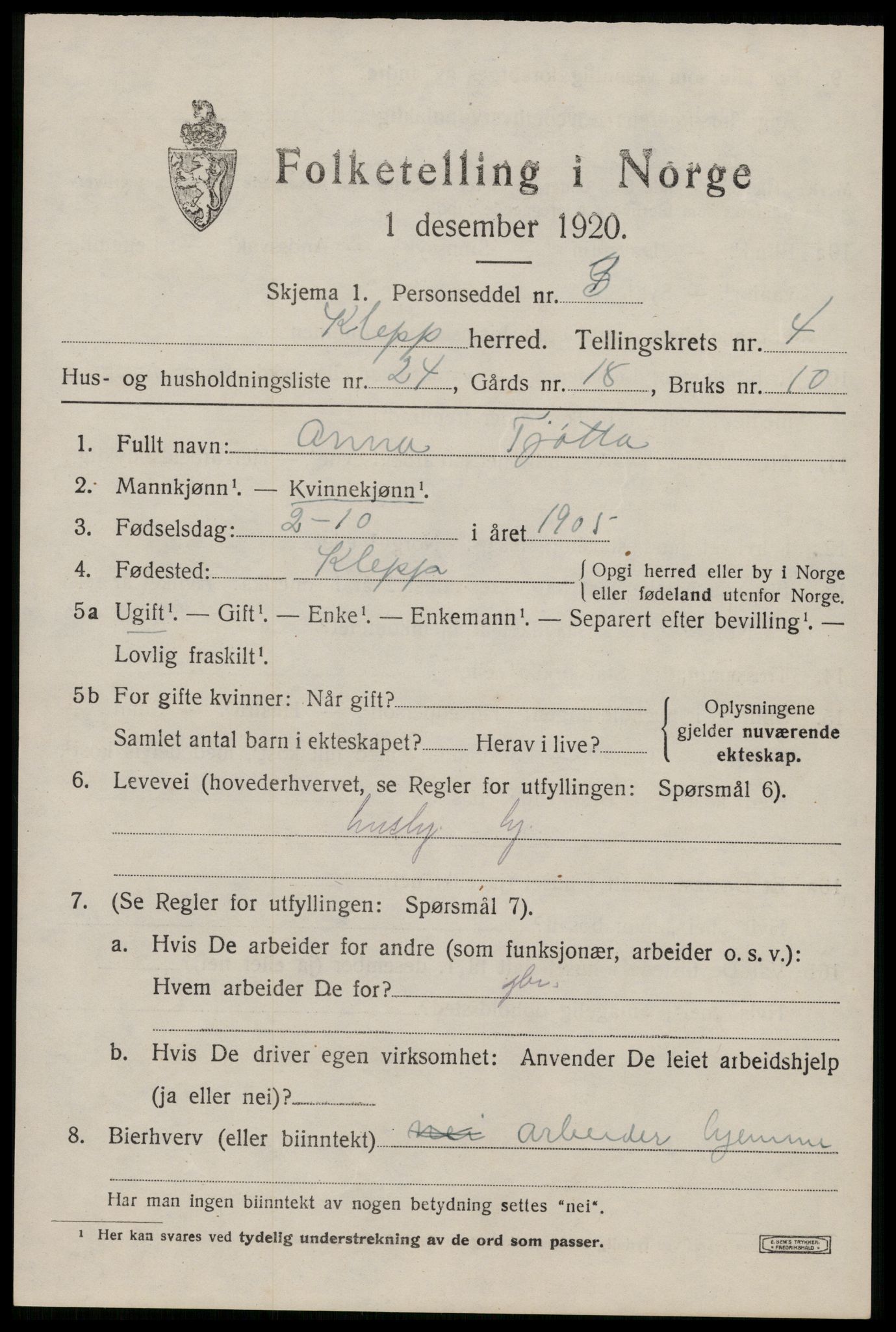 SAST, 1920 census for Klepp, 1920, p. 4608