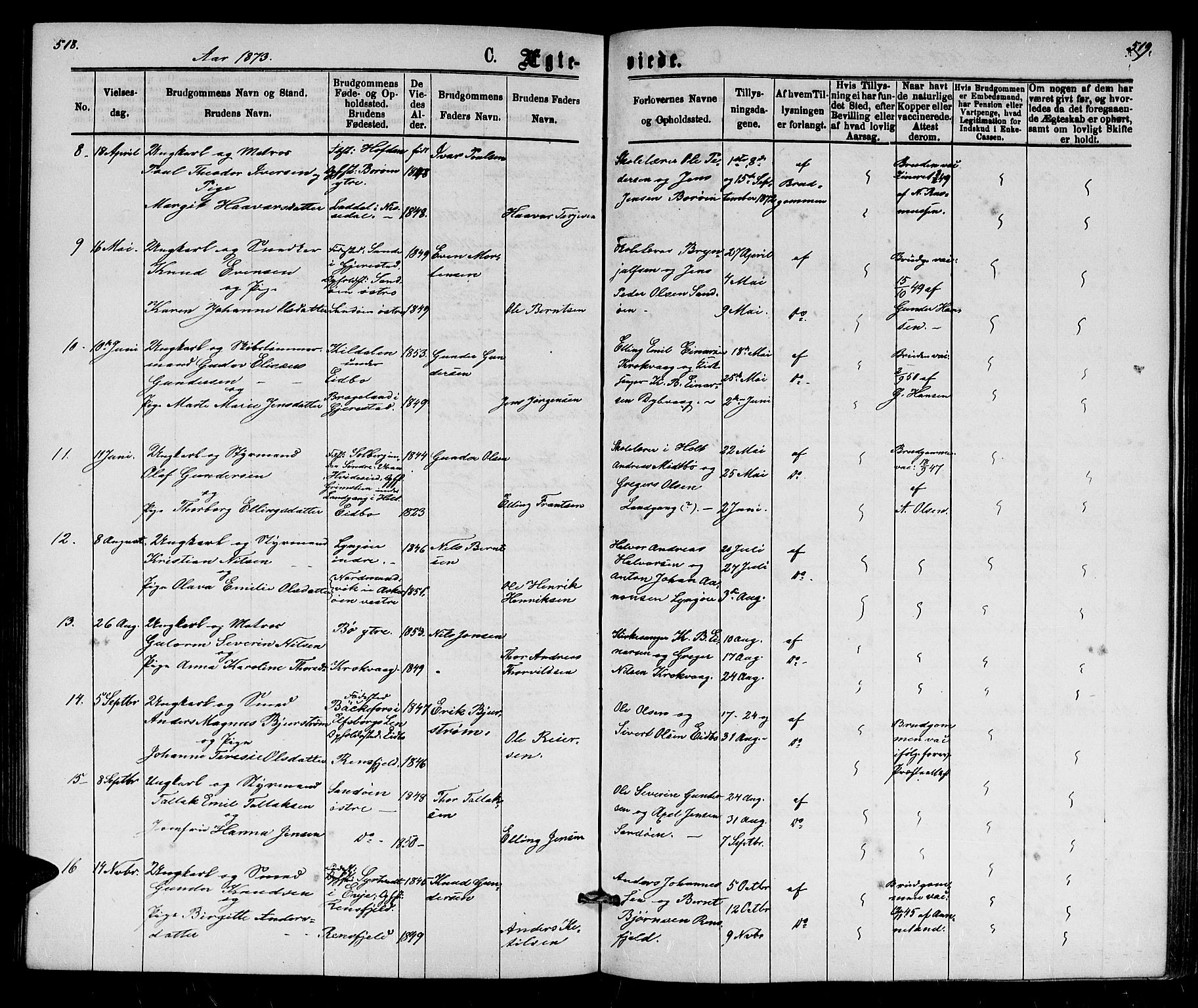 Dypvåg sokneprestkontor, AV/SAK-1111-0007/F/Fb/Fba/L0012: Parish register (copy) no. B 12, 1872-1886, p. 518-519