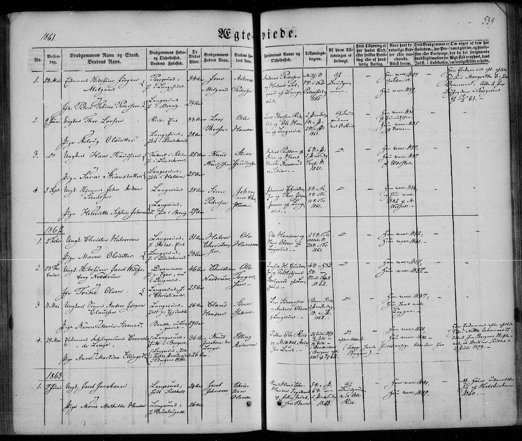 Bamble kirkebøker, SAKO/A-253/F/Fa/L0005: Parish register (official) no. I 5, 1854-1869, p. 539