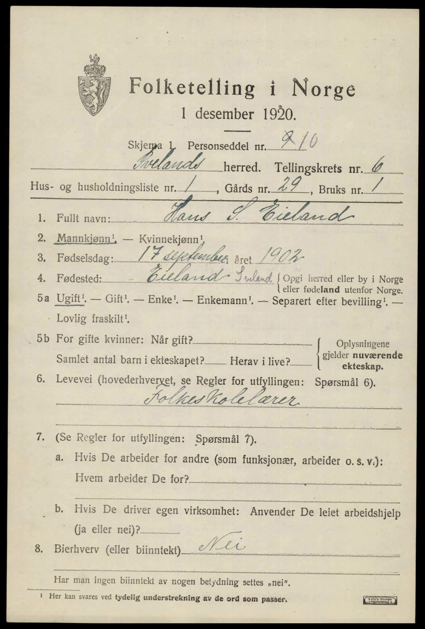SAK, 1920 census for Iveland, 1920, p. 1945