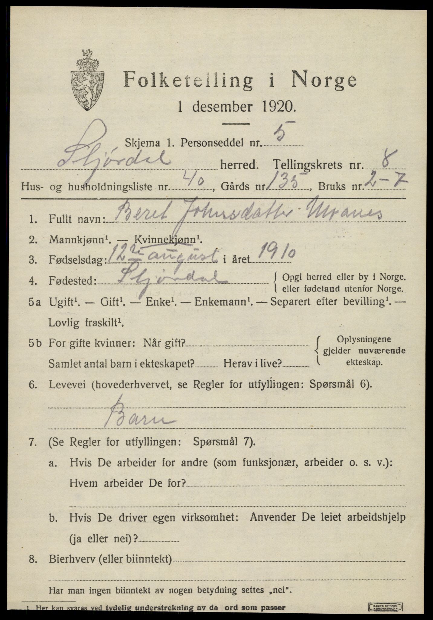 SAT, 1920 census for Stjørdal, 1920, p. 8270