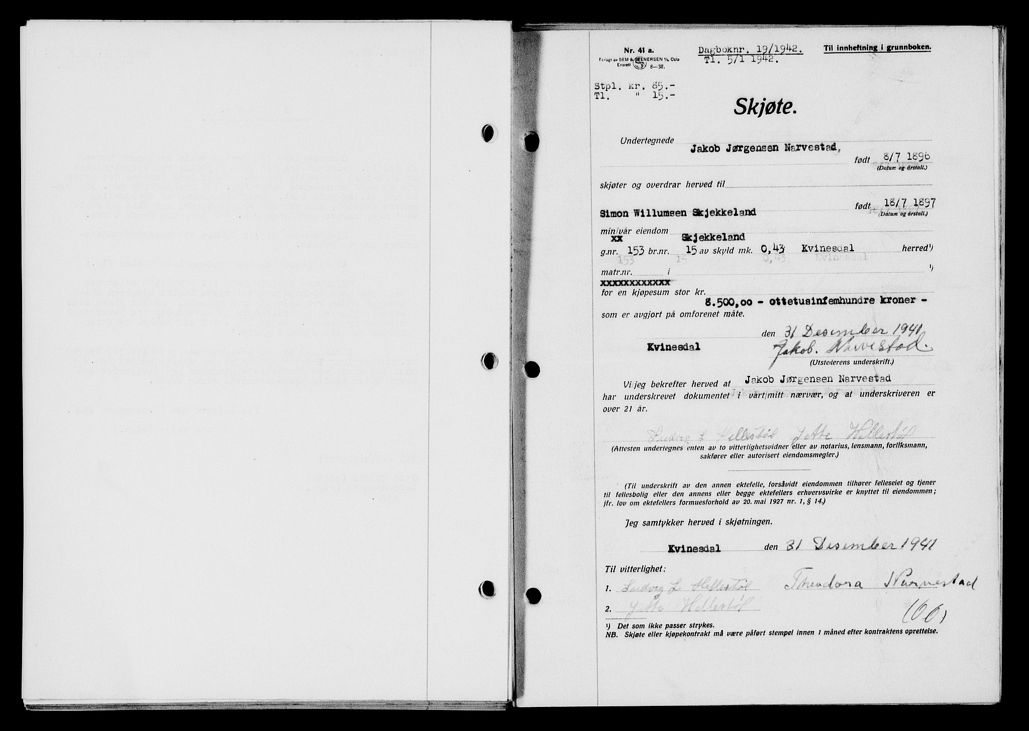 Flekkefjord sorenskriveri, AV/SAK-1221-0001/G/Gb/Gba/L0057: Mortgage book no. A-5, 1941-1942, Diary no: : 19/1942